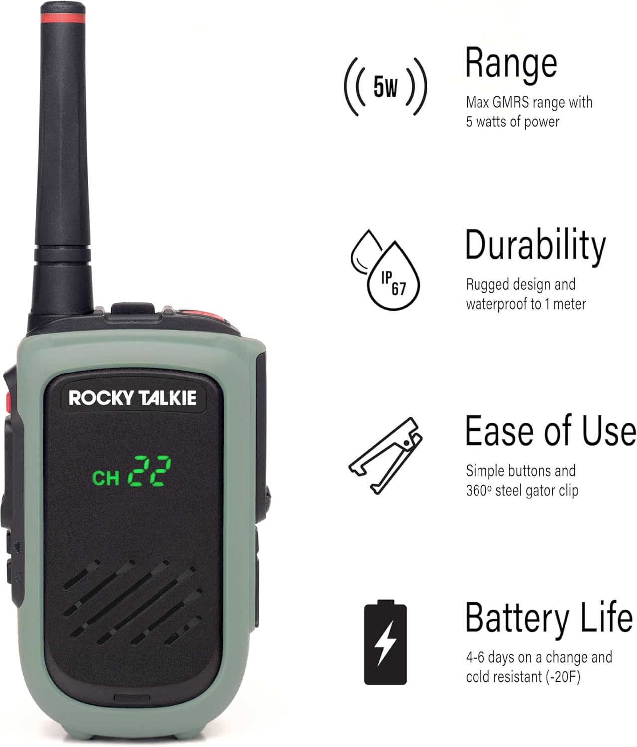Rocky Talkie Expedition 5 Watt Radio with Waterproof Hand Mic - GMRS Radio with IP67 Waterproofing, Long Range Walkie Talkie, NOAA Weather Alerts, 5 Day Battery Life, 1 Pack - Image 2