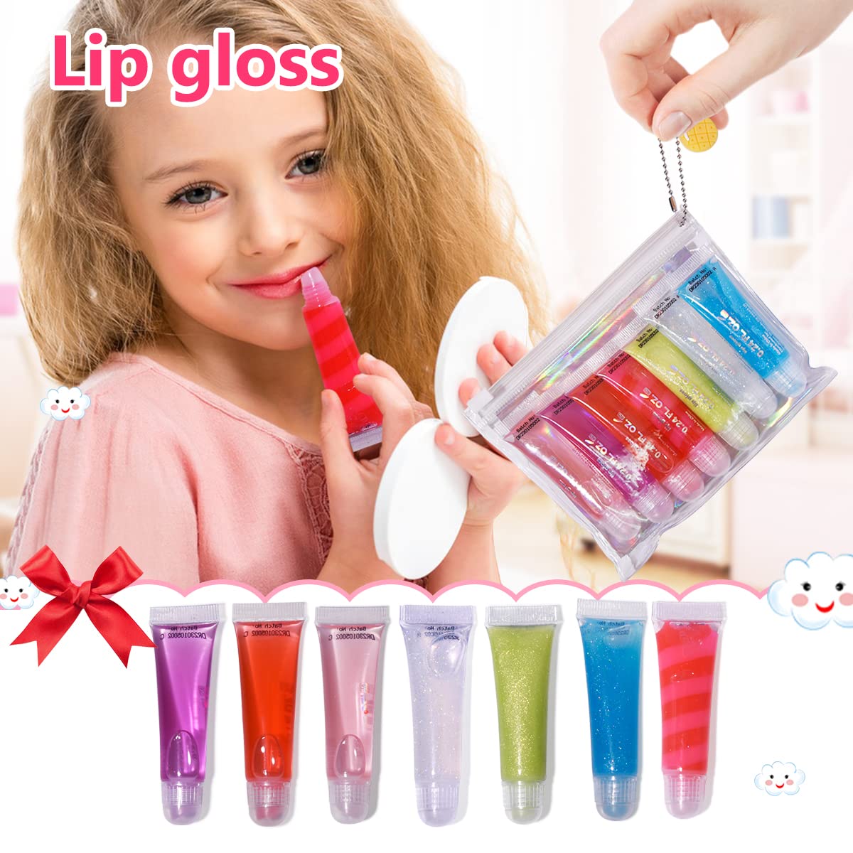 M&U Sparkle Lip Gloss Set with Handbag, 7Pcs Assorted Flavors Hydrating Lip Balm Party Favor Make-up for Kids and Teens Ages 5+ - Image 3