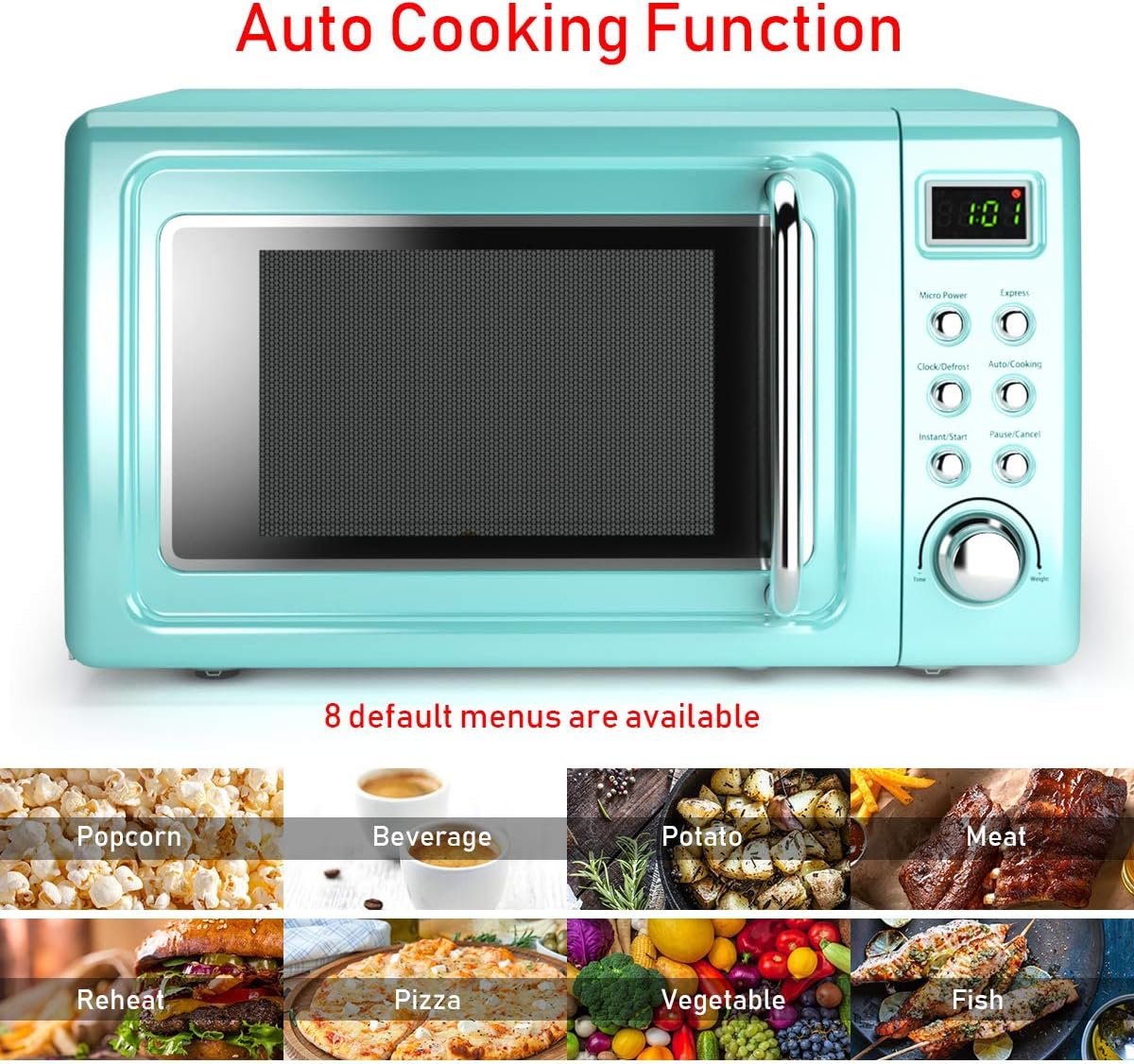 Retro Countertop Microwave Oven, Large 0.7Cu.ft, 700-Watt, Cold Rolled Steel Countertop with Time Setting, Glass Turntable Plate, Pre-Programmed Cooking Settings, LED Display, Child Lock (Green) - Image 6