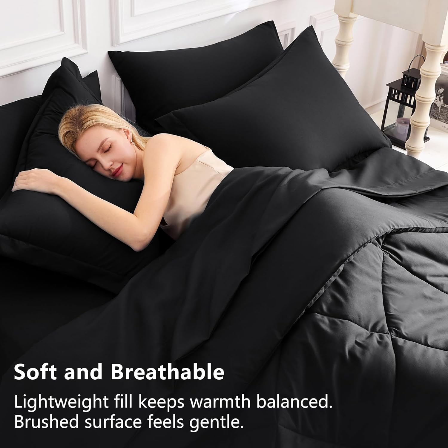 CozyLux Queen Comforter Set Black - Bed in a Bag Queen Size 7 Pieces, Luxury Soft Bed Set for All Seasons, Bedding Set with Down Alternative Comforter, Sheets, Pillowcases & Shams - Image 3