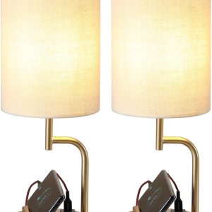 Dreamholder Table Lamp with 3 USB Charging Ports, Modern Desk Lamp with AC Outlet and Phone Stands, Perfect Bedside Lamp for Bedroom, Living Room, Office (Pack of 2), Gold