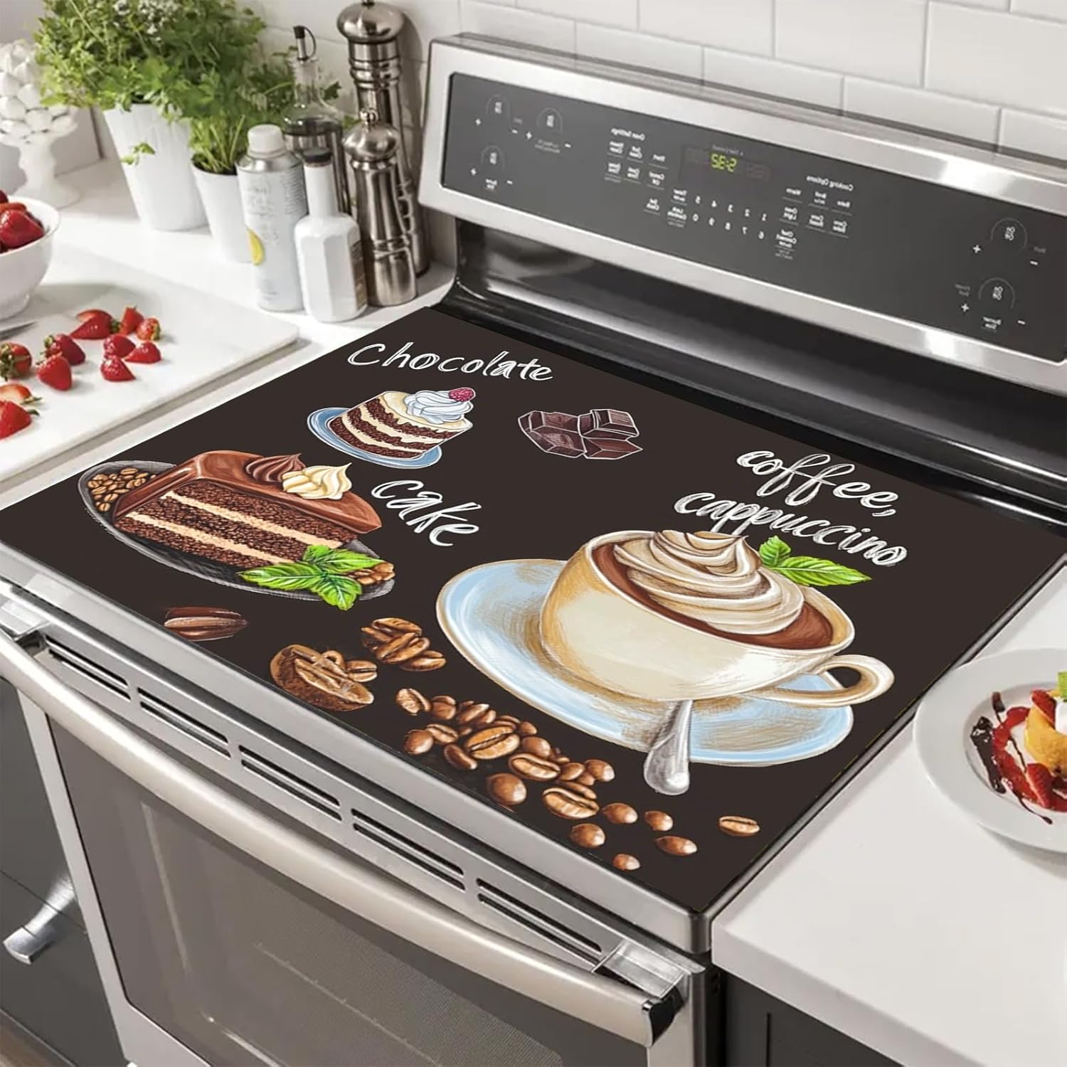 Stove Top Covers for Electric Stove 28×20 Inch Countertop Protector Glass Top Stove Cover Heat Resistant RV Range Covers Dish Drying Mat Coffee Chocolate Cake Design