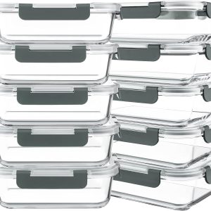 KOMUEE 10 Packs 30 oz Glass Meal Prep Containers,Glass Food Storage Containers with Lids,Airtight Lunch Bento Boxes,Microwave,Freezer and Dishwasher,Gray
