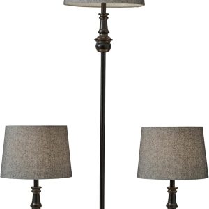 Adesso 3-Piece Lamp Set: Two Table Lamps & One Floor Lamp – Bronze Finished Base, Dark Herringbone Shade, Stylish and Cohesive Lighting for Any Space
