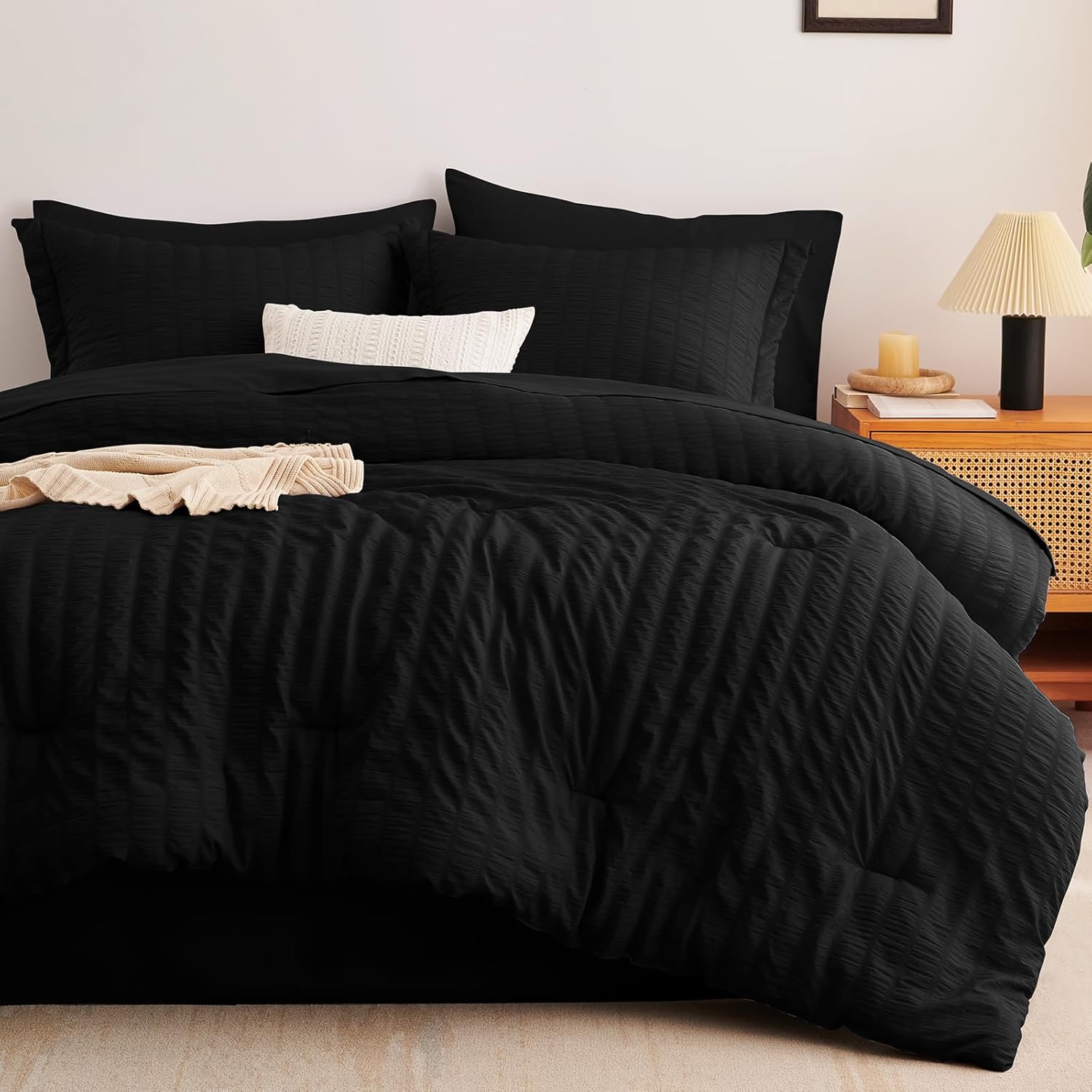 CozyLux Queen Comforter Set Black Seersucker 7 Pieces Bed in a Bag Queen Comforter Set with Sheets, Luxury Soft Bedding Set with Down Alternative Comforter, Sheets, Pillowcases & Shams for All Seasons - Image 9