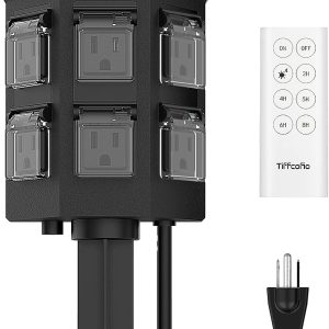 TiFFCOFiO Outdoor Power Stake Timer, 100FT Remote Control, Dusk to Dawn Christmas Light Timer, 6FT Extension Cord Waterproof, 6 Grounded Outlets for Outdoor Christmas Decorations, ETL Listed