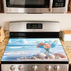 Nuxovilar Stove Top Cover for Electric Stove, 20x28 Inch Heat Resistant Silicone-Polyester Glass Cooktop Protector with Beach Shell & Flower Seaside Design, for Kitchen Decor & Daily Use