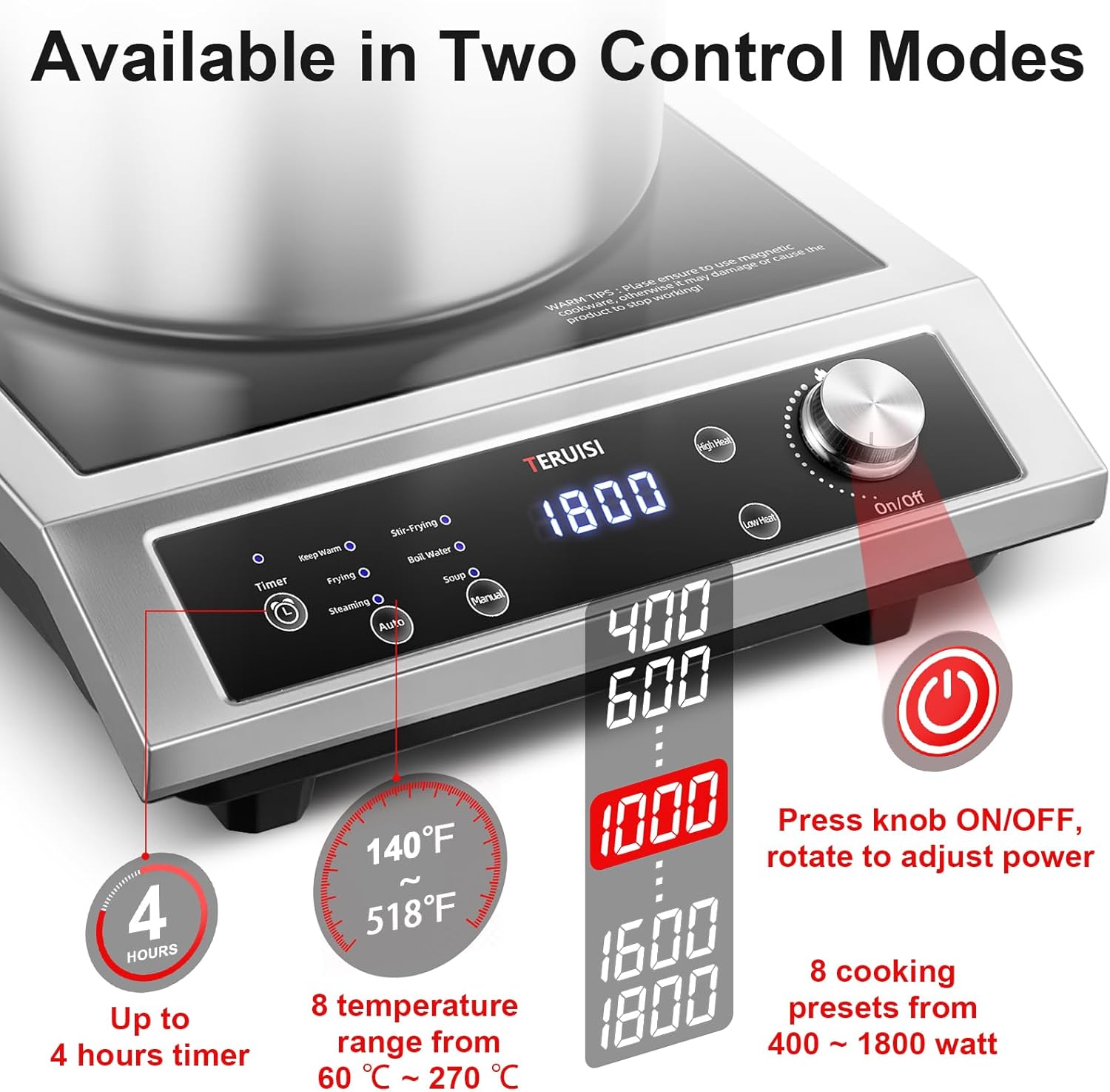 Induction Cooktop Commercial, 1800W Electric Stove with 18/10 Stainless Steel, 4 Hours Timer, 6 Preset Functions, 8 Temp/Power Levels, Portable Countertop Burner for RV Home Kitchen - Image 3