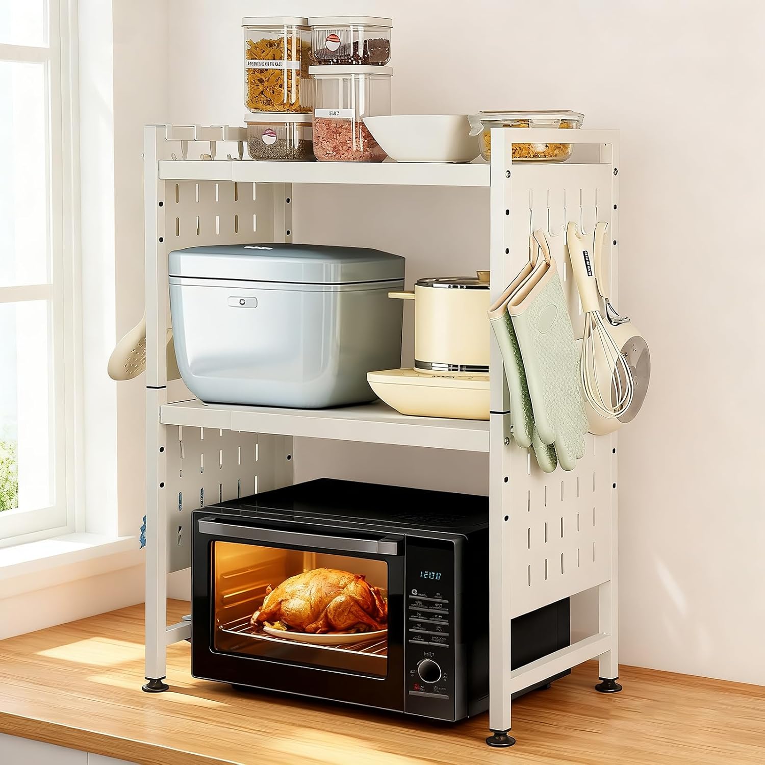 Expandable Microwave Stand Countertop, 3 Tier Heavy Duty Over Microwave Shelf Countertop with 4 Hooks, Height Adjustable Metal Microwave Oven Rack Shelf for Kitchen Tabletop,Holds 160lb,White - Image 2