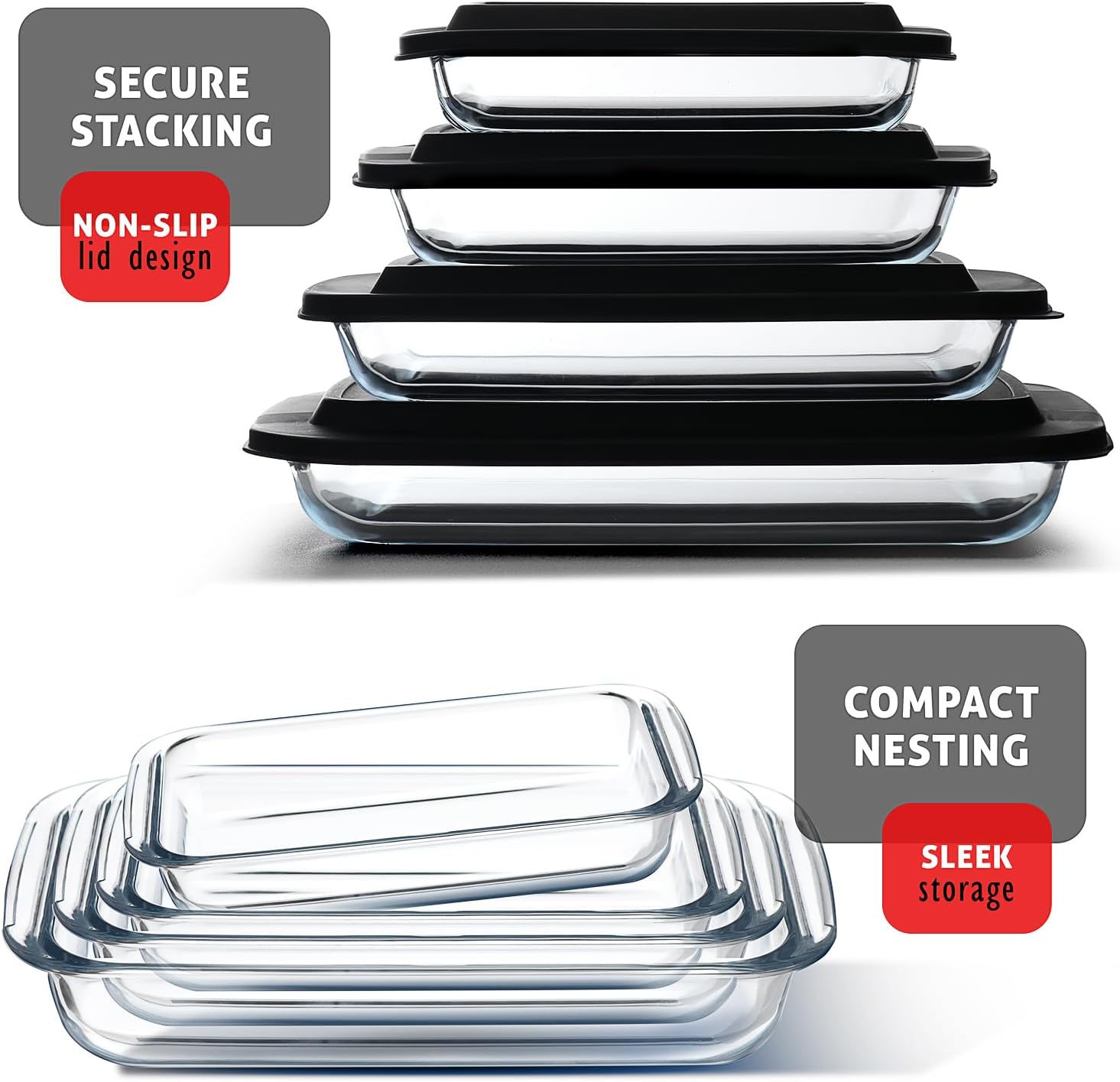 Nestl 8-Pack Glass Baking Dishes for Oven, Glass Food Storage Containers with Lids, Leakproof Casserole Dishes for Oven with Lid, Cooking, Microwave Oven Freezer Safe Bakeware, 9x13 Lasagna Pan Black - Image 5
