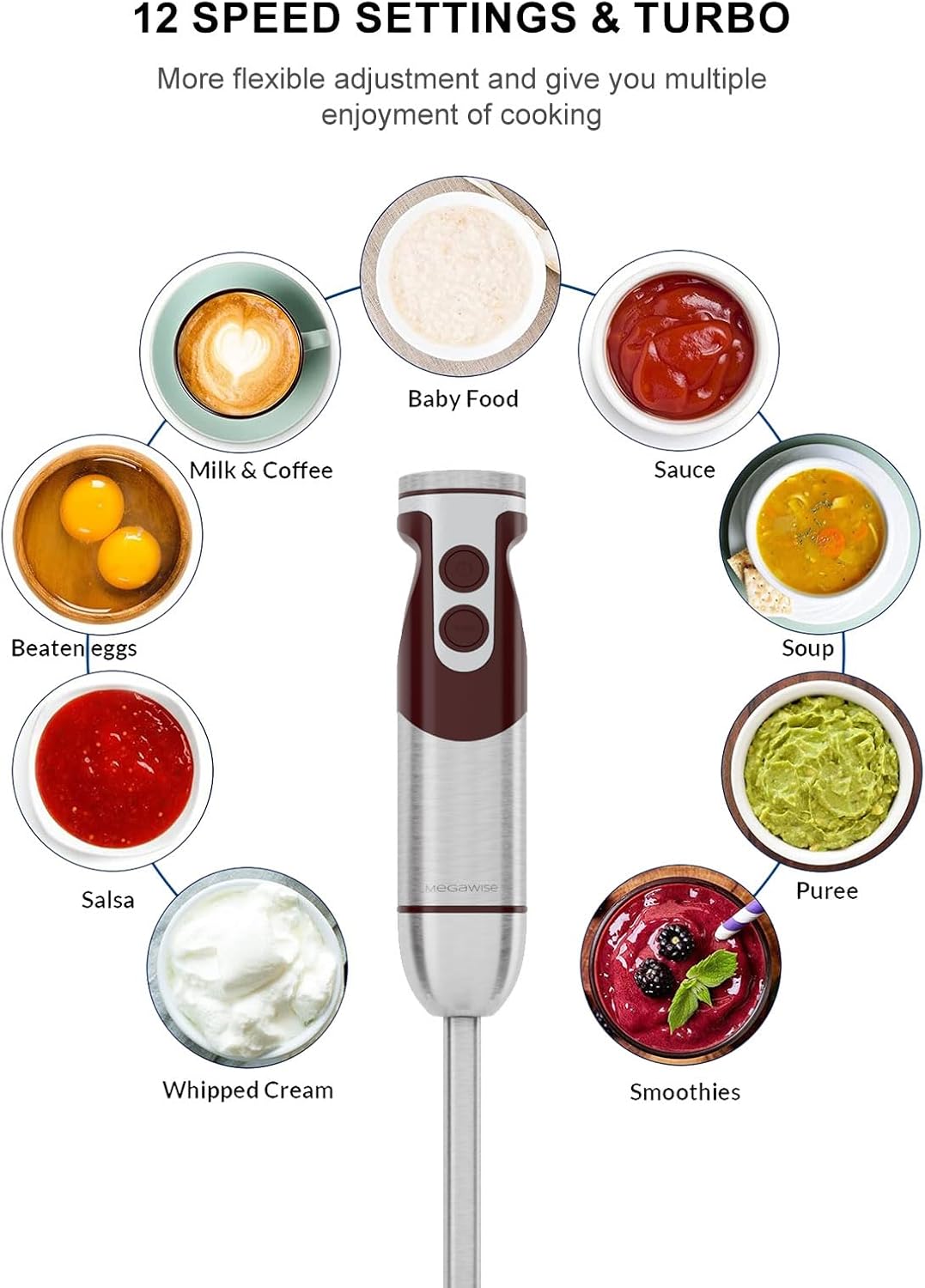 MegaWise 5-in-1 Immersion Hand Blender Set with Variable Speed, 400W, Stainless Steel - Includes Chopper, Whisk, Milk Frother, and Beaker - Ideal for Soups, Smoothies, Baby Food & More (RED) - Image 4
