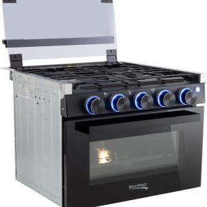 RecPro RV Stove Black Finish | Gas Range 17" Tall | 6500 and 8000 BTU Three Burner | 7100 BTU Oven with 1.24 Cu. Ft. Capacity | Optional Range Hood