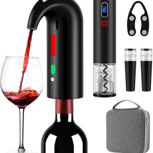 Wine Opener Christmas Day Gift Set with Electric Wine Bottle Opener, Wine Decanter&Wine Aerator and Pourer, wine stopper, Foil Cutter and EVA Storage Bag, Rechargeable and Automatic(Black)