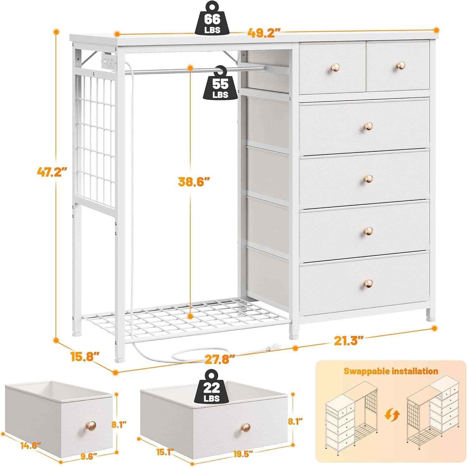 EnHomee 49.2" W White Dresser for Bedroom with Hanging Rack, 6 Drawers Dresser with LED Lights & Charging Station, Fabric Dressers & Chest of Drawers with Rack, Wooden Top, Grid Panel - Image 2