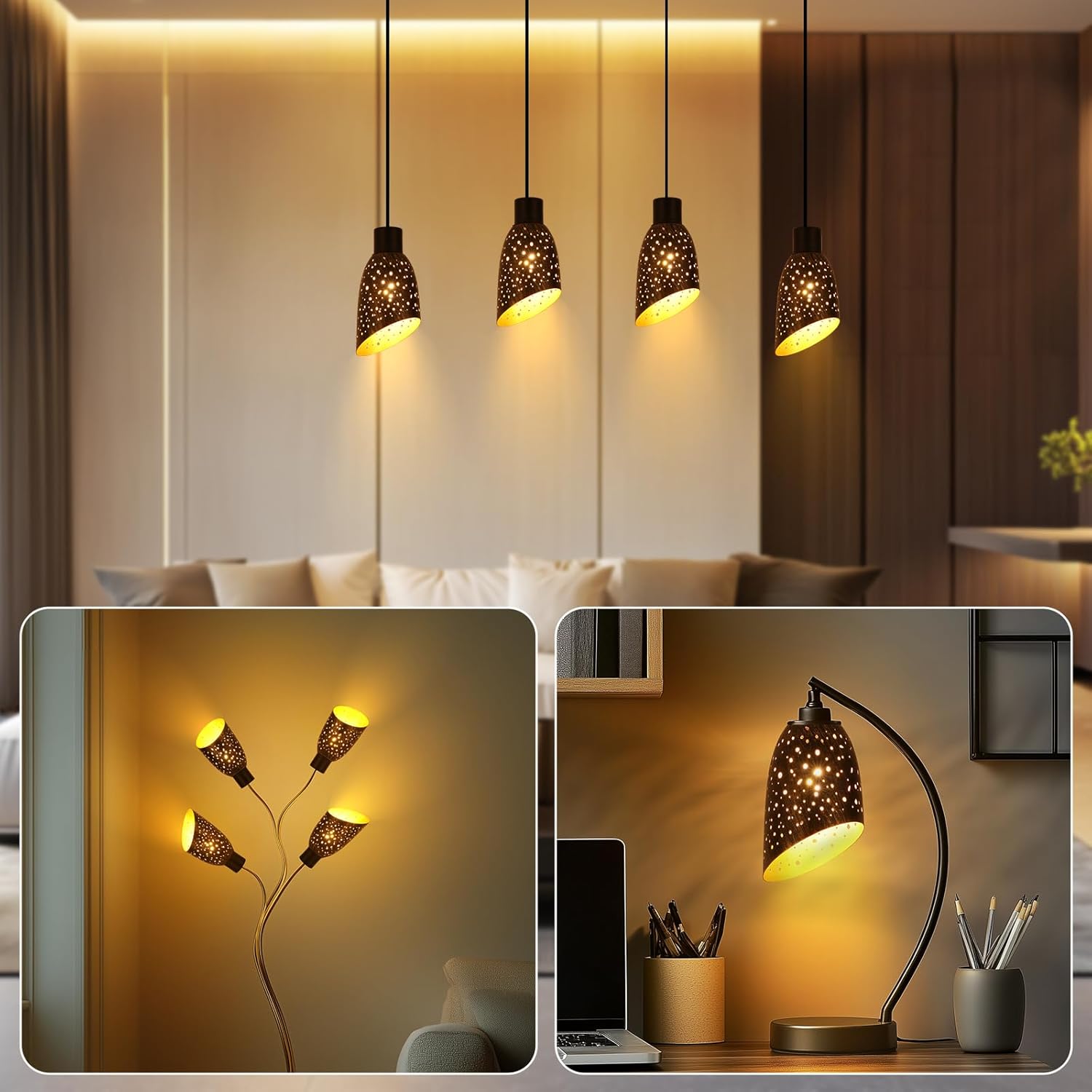 Metal Small Cut Corner Lamp Shade Laser Star Bevel Floor Lampshade Bronze Outside And Gold Inside 4.4" Top X 5.9"Height (2 Pcs) - Image 7