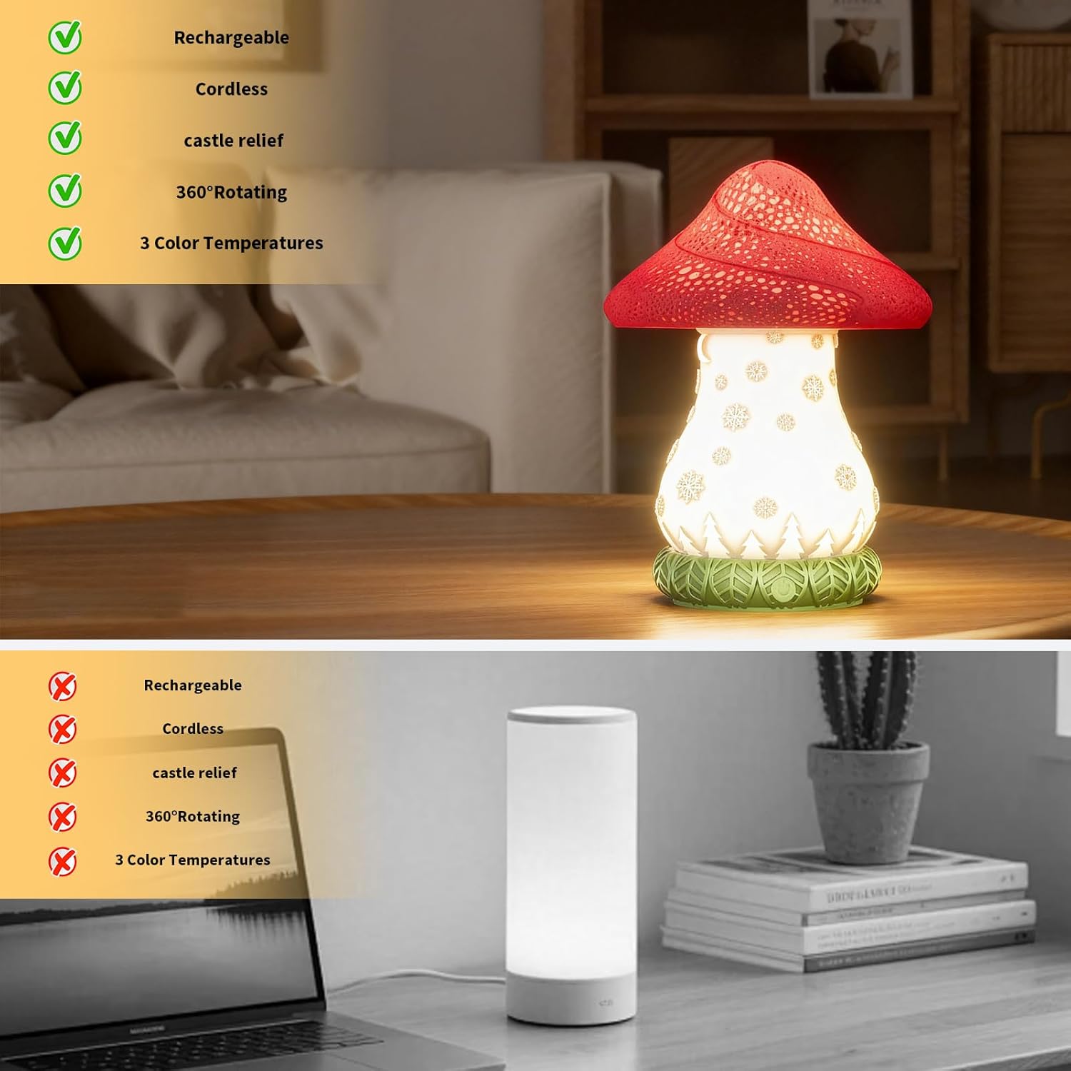 Mushroom Table Lamp for Christmas, Rotatable Lampshade Battery Operated Lamp with USB C Charging & Touch Control, 3 Color Temperatures Bedside Lamp for Bedroom, Living Room, Night Stand - Image 7