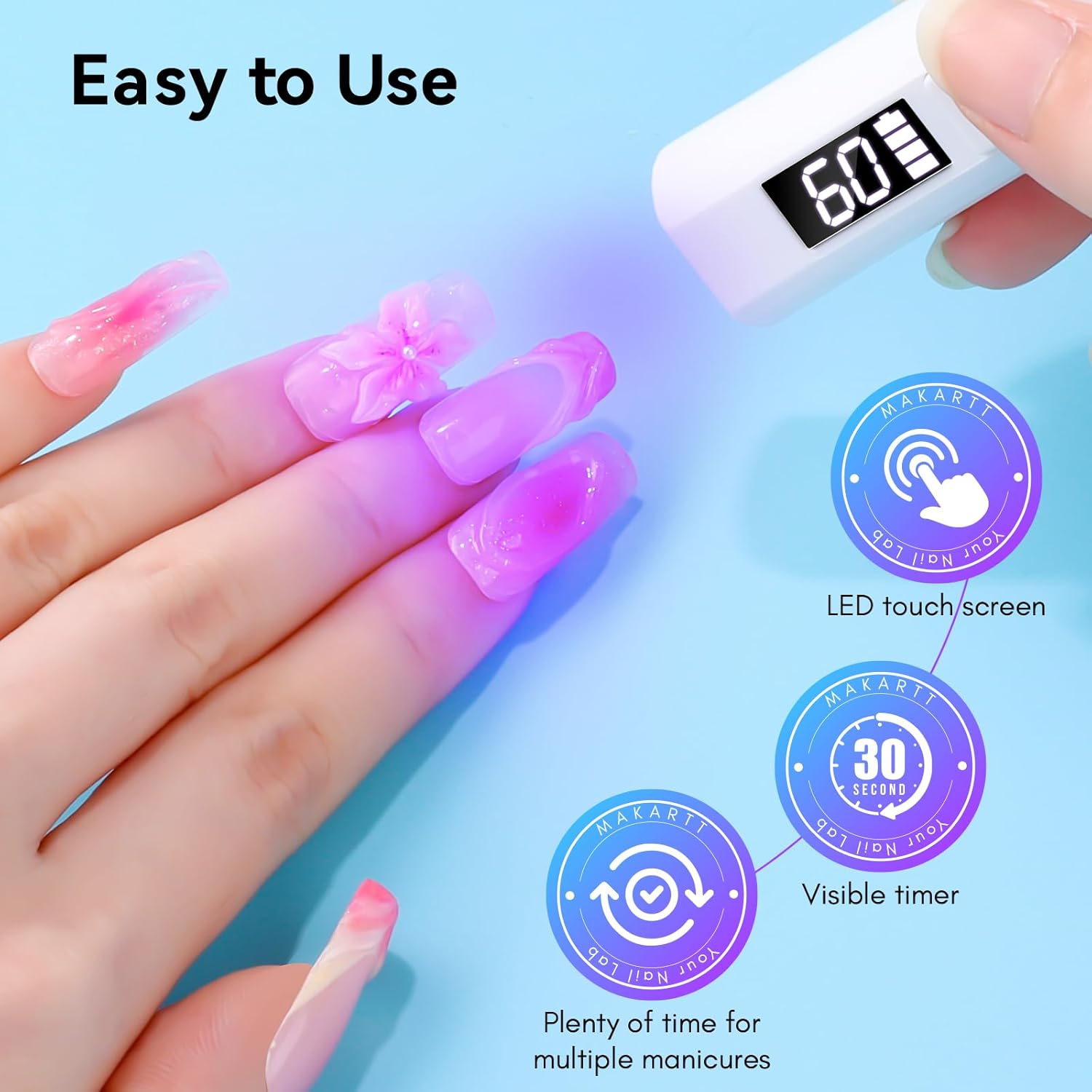 Makartt UV Light for Gel Nails: Handheld Mini Flash Cure Lamp Portable Lumière Nail Dryer for Curing Gel Polish Nail Glue Rechargeable USB Nail Light with LCD 2 Timer for Fast Drying Home Salon Use - Image 8