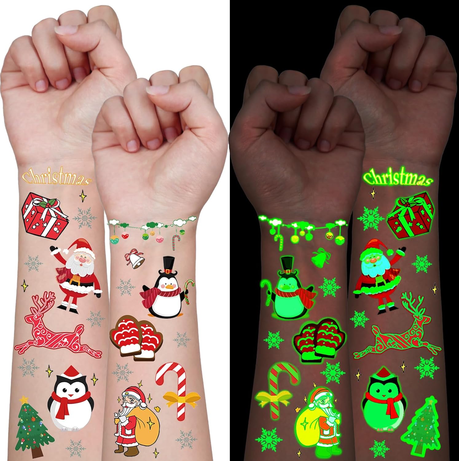 Luminous Christmas Temporary Tattoos 12 Sheets, Christmas Stocking Stuffers, Glow in the Dark Tattoos Stickers, Christmas Party Favors Decorations Supplies Gifts