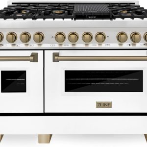 ZLINE Autograph Edition 48 in. 6.0 cu. ft. Legacy Dual Fuel Range with 7 Burner Gas Cooktop and 2 Electric Ovens in Stainless Steel with White Matte Doors and Champagne Bronze Accents (RAZ-WM-48-CB)