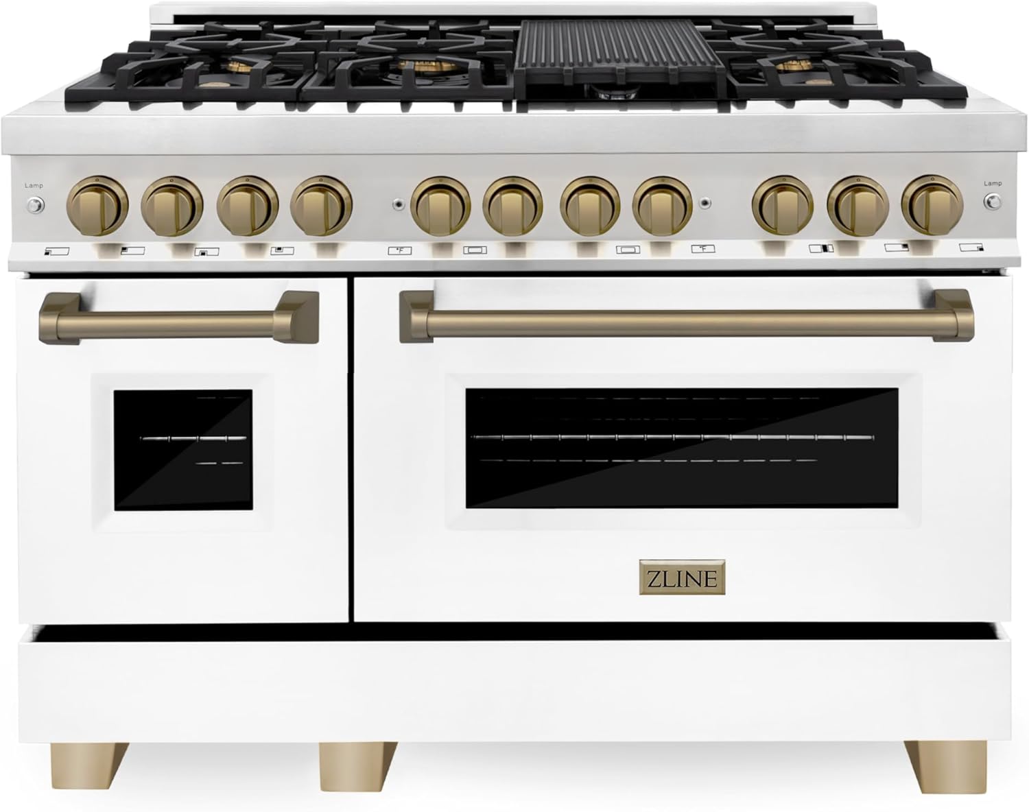 ZLINE Autograph Edition 48 in. 6.0 cu. ft. Legacy Dual Fuel Range with 7 Burner Gas Cooktop and 2 Electric Ovens in Stainless Steel with White Matte Doors and Champagne Bronze Accents (RAZ-WM-48-CB)