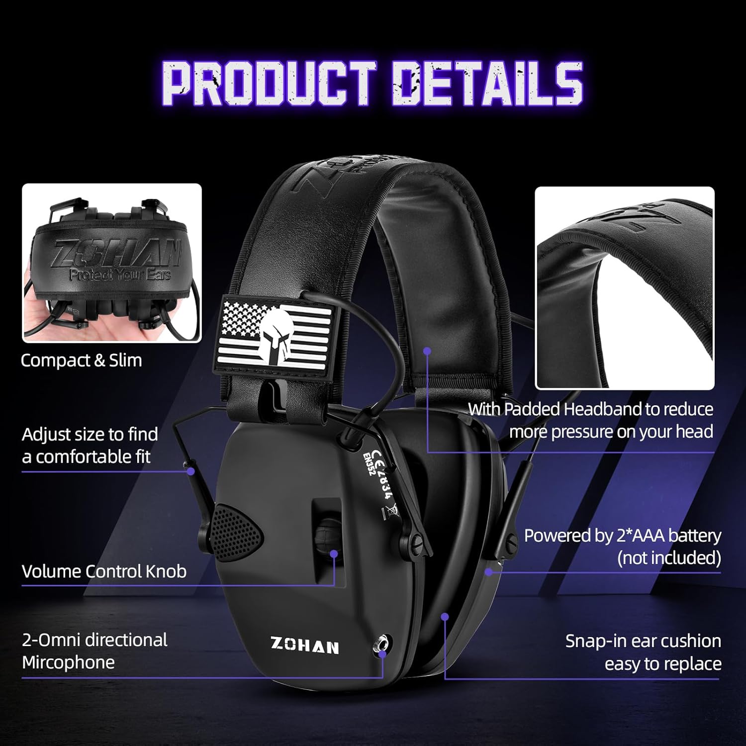 ZOHAN Electronic Shooting Earmuffs, Hearing Protection Shooters, NRR 23dB Noise Reduction Gun Range Ear Protection Headphones - Image 5