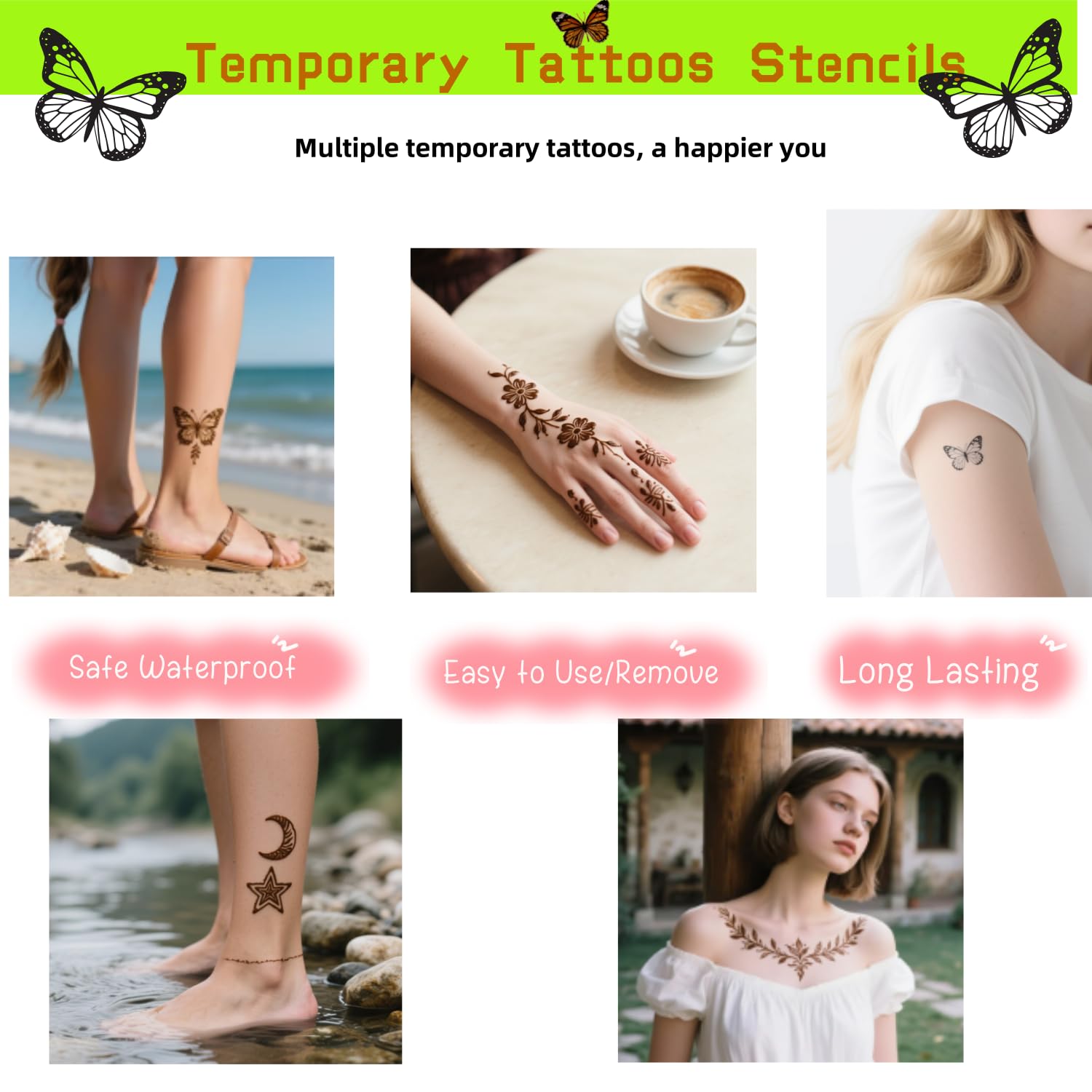 Temporary Tattoos Kit - Large 12 Sheets Temporary Tattoo Stencil Kit - 78 Unique Tattoo Designs - 6 Pcs (Brown/Black/Maroon) Ink with Paint Brush for DIY Body Art - Tattoos for Women Men Kids - Image 7