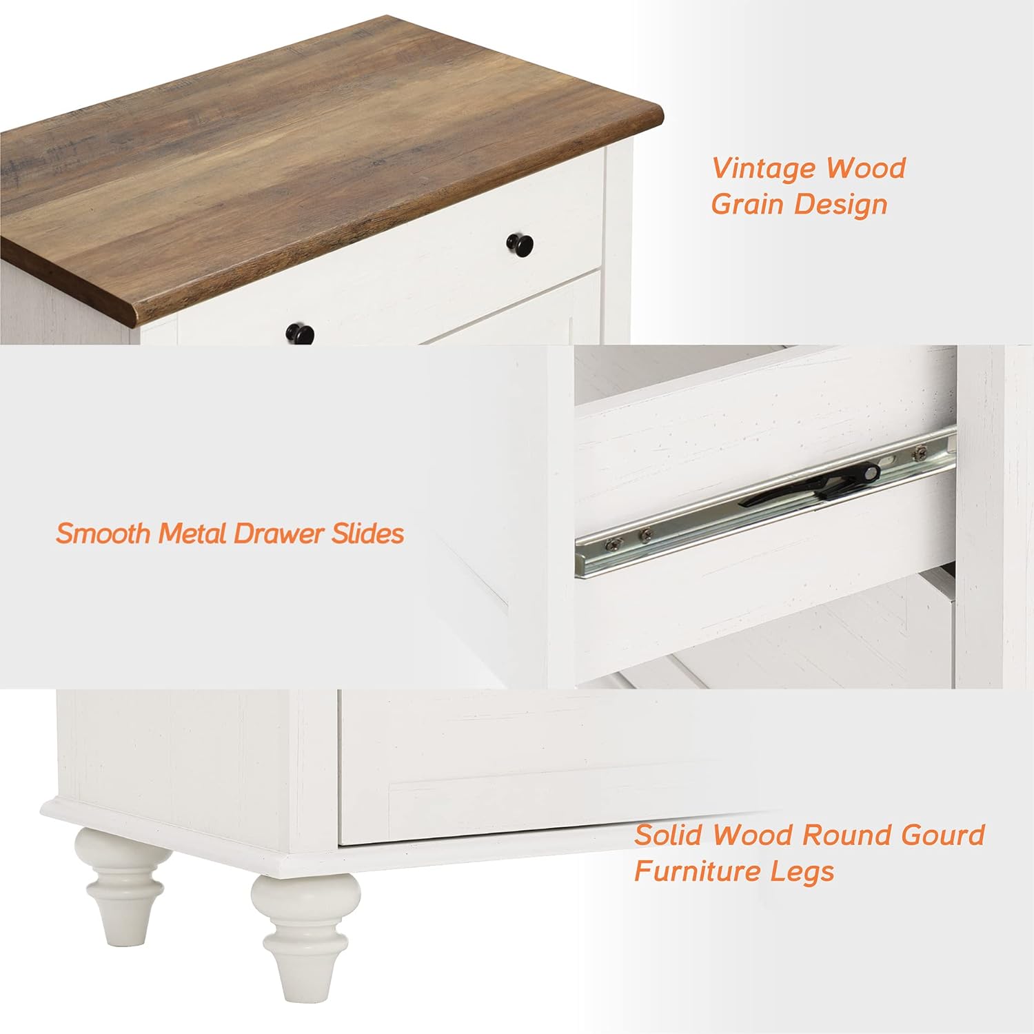 WAMPAT Farmhouse Nightstand with 3 Drawers, Set of 2 Large 3 Drawers Wood Bedside Table Night Stand, Wide Sofa Side End Table Chest of Dresser for Living Room, Bedroom, White, 34 inch - Image 5