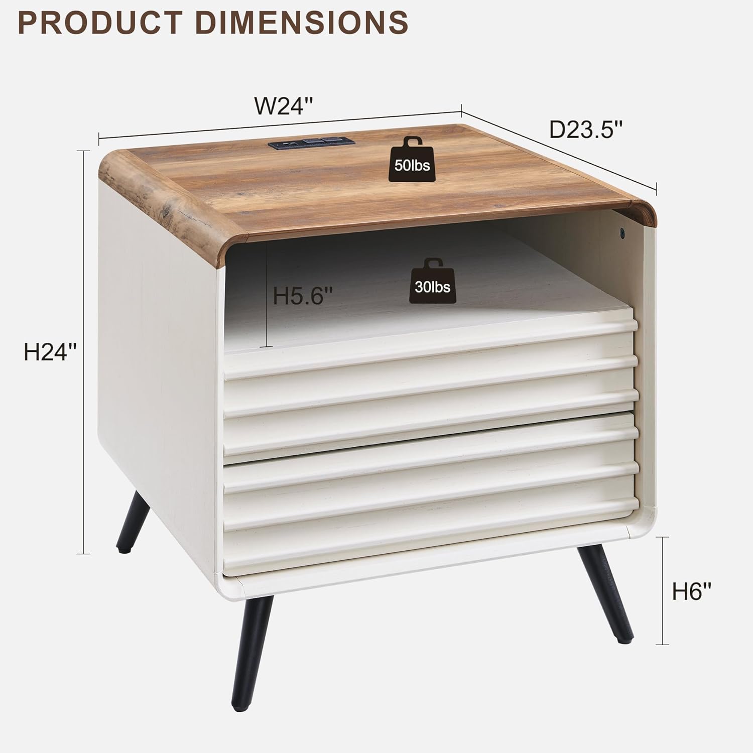 RedLemon 24" Nightstand with Charger Station, Mid Century Modern Fluted End Table with 2 Drawers, Wooden Side Table with Open Cubby Storage for Living Room, Bedroom, Office (Antuique White) - Image 2