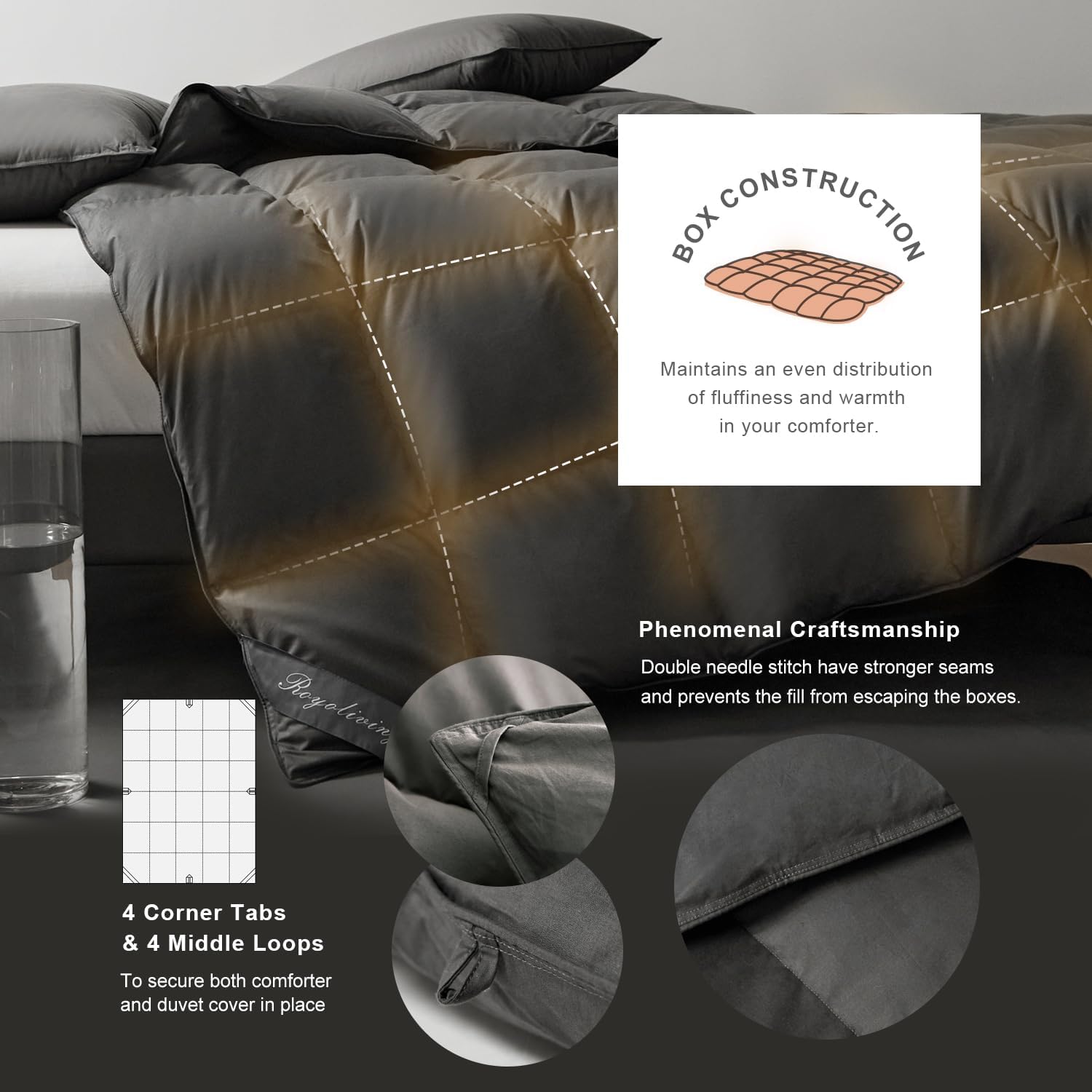Royoliving Premium Feathers Down Comforter 100% Cotton Cover Duvet Insert with Corner Tabs (Charcoal Grey, King All Season) - Image 4