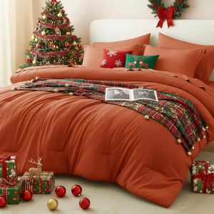 CozyLux Queen Comforter Set Burnt Orange, 7 Pieces Bed in a Bag Queen Size Comforter Set with Sheets, Terracotta Bedding Sets with Down Alternative Comforter, Sheets, Pillow Shams and Pillowcases