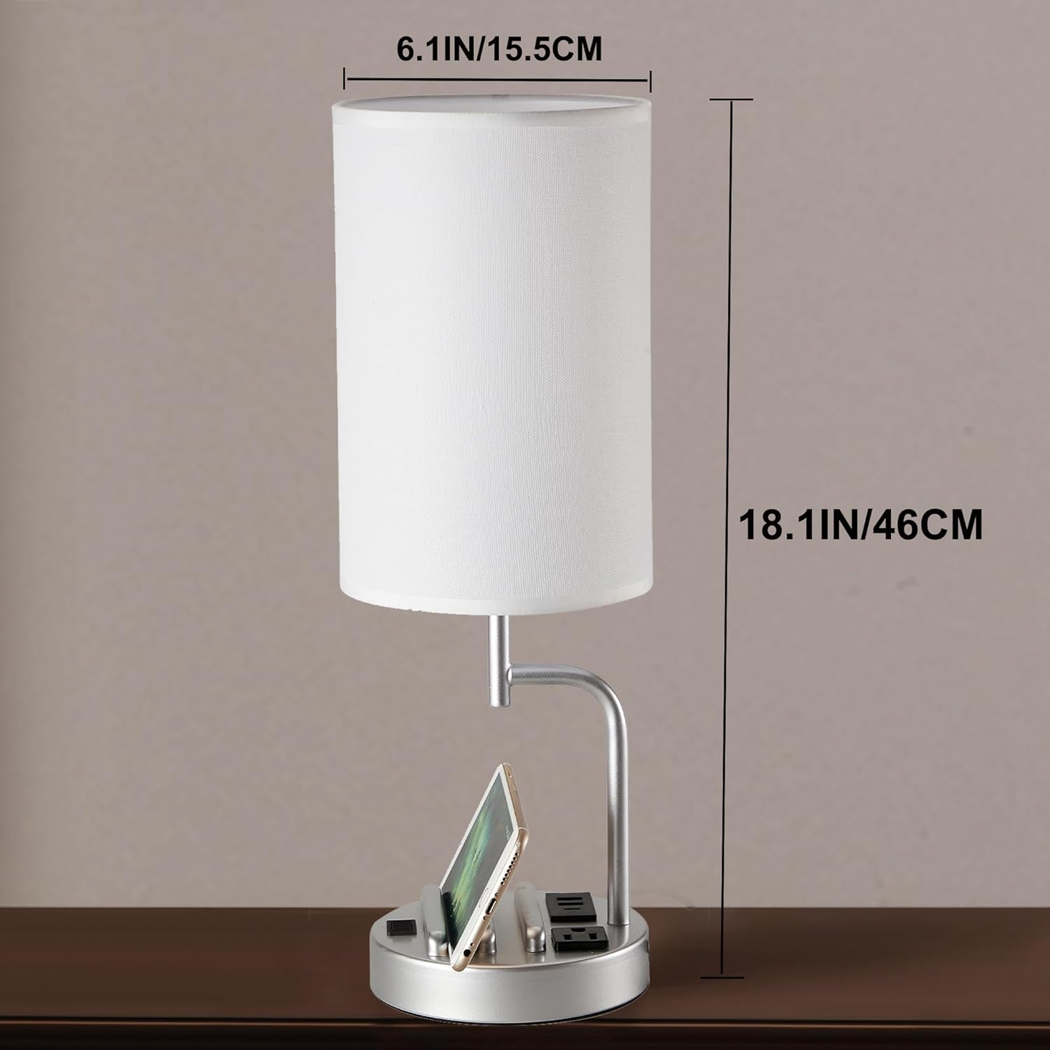 Dreamholder Table Lamp with 3 USB Charging Ports, Modern Desk Lamp with AC Outlet and Phone Stands, Perfect Bedside Lamp for Bedroom, Living Room, Office (Pack of 2), Silver - Image 5