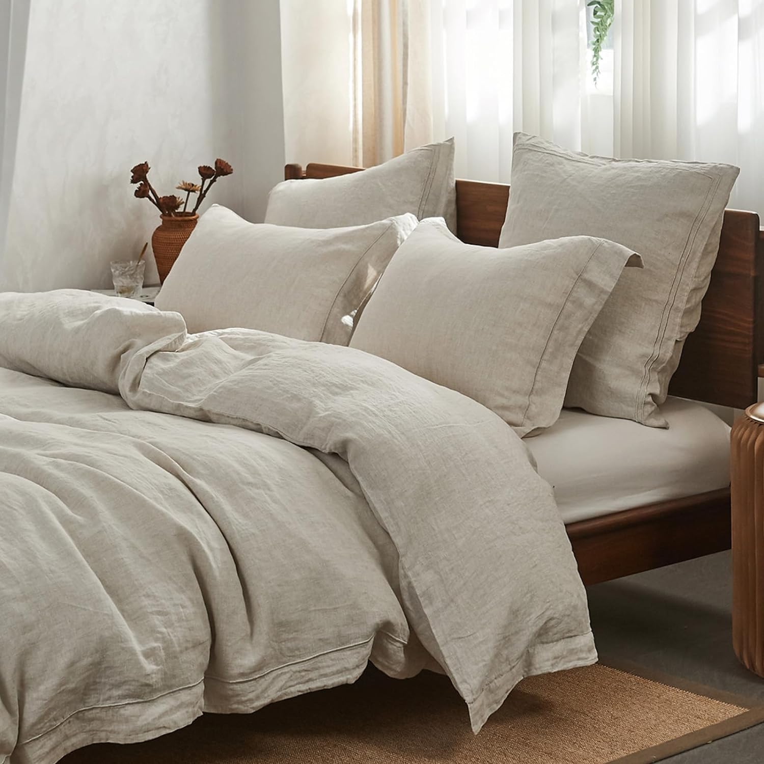 Simple&Opulence 100% Washed Linen Duvet Cover Set with Embroidered,3 Pieces Soft Farmhouse Comforter Set with Button Closure,1 Duvet Cover and 2 Pillowshams(King,Natural Linen)