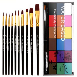 Face Painting Kit Non-toxic Body Paint Washable 18 Colors Facepaint Makeup Kit for Adults with 10 Face Paint Brushes for Halloween Party Cosplay Makeup (Color 001)