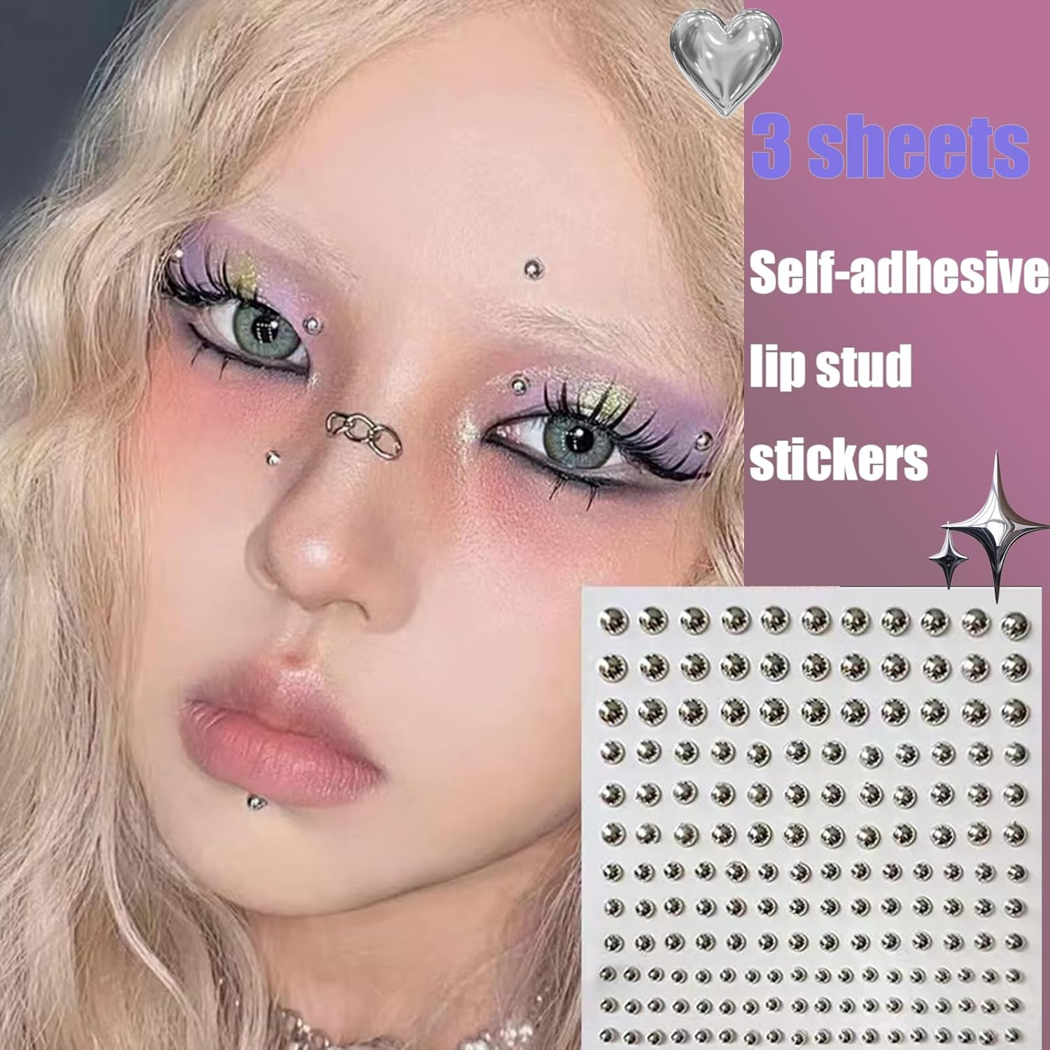 NOOEPC Face Gems Lip Stud, Fake Piercings y2k Accessories Nose Stud Eyebrow Stud, Non Piercing Nose Stick on Silver Belly Button Sticker, Face Sticker Ring Cool Punk Y2K Makeup for Women Men - Image 3