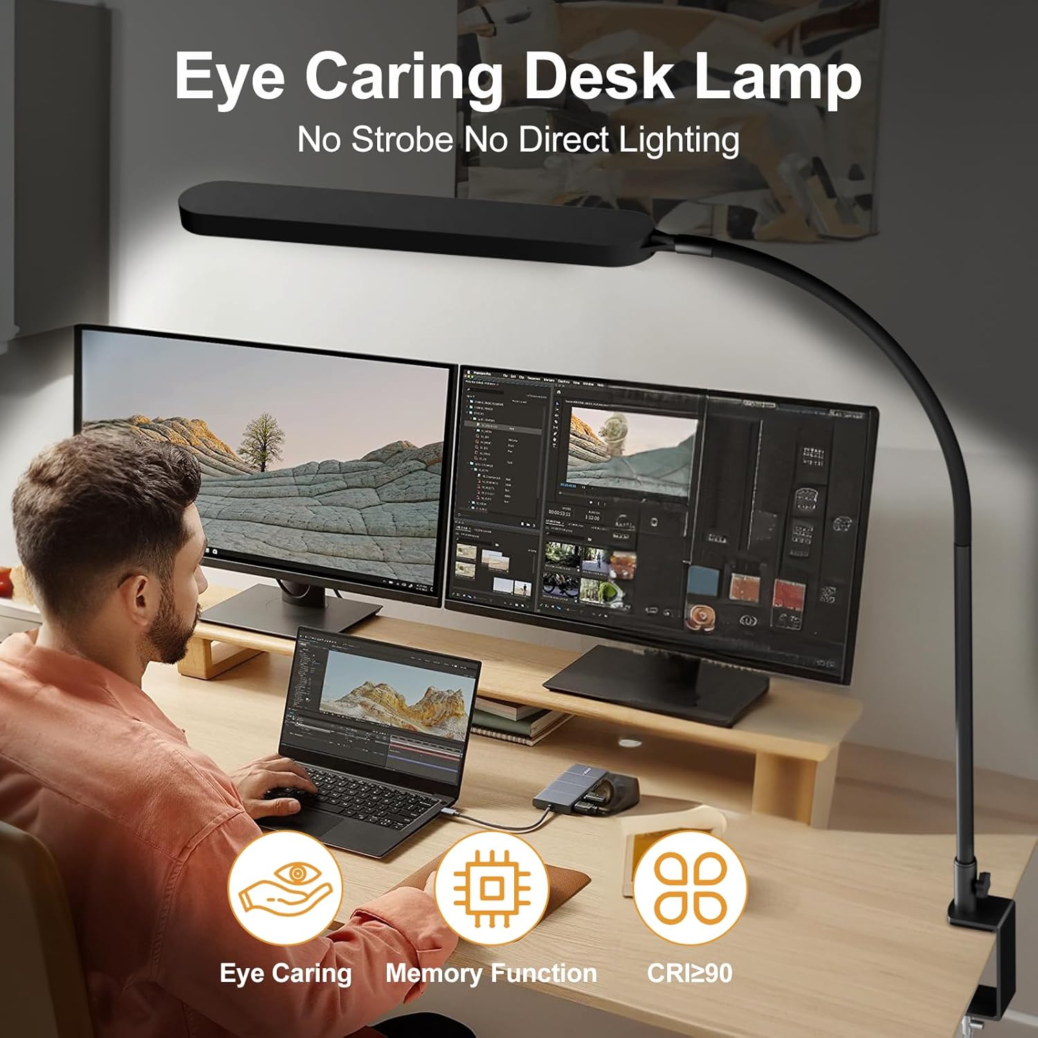 SKYLEO Led Desk Lamp - Desk Light for 33.5" Tall - Flexible Gooseneck - 5 Color Modes X 11 Brightness Levels - 1300LM - Timmer & Memory Function - 12W Clip on Light - Black - Image 5