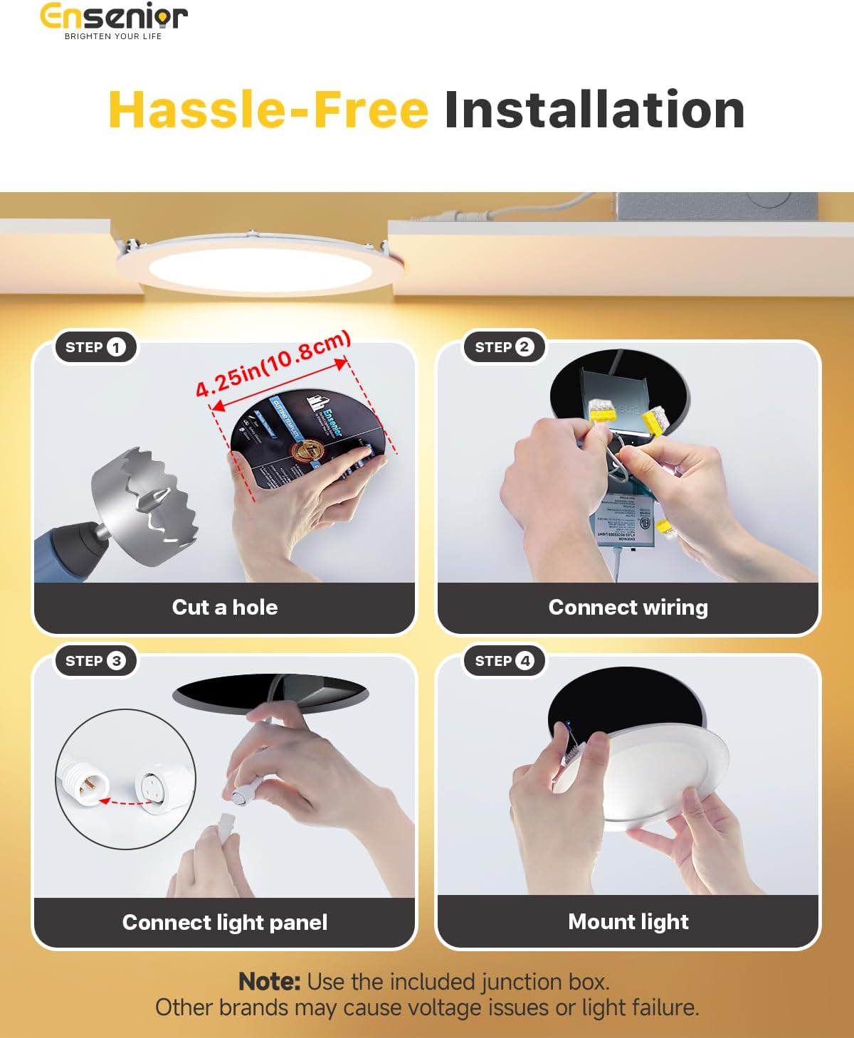 Ensenior 4 Pack 4 Inch LED Recessed Light, Dimmable, 2700K-5000K 5CCT, 750LM High Brightness, 9W 120V, Damp Rated, Ultra-Thin Canless Wafer Ceiling Light - ETL & FCC & IC - Image 6