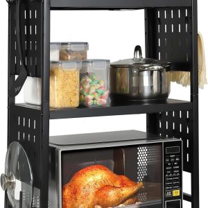 Expandable Microwave Stand Countertop, 3 Tier Heavy Duty Over Microwave Shelf Countertop with 4 Hooks, Height Adjustable Metal Microwave Oven Rack Shelf for Kitchen Tabletop,Holds 160lb,Black