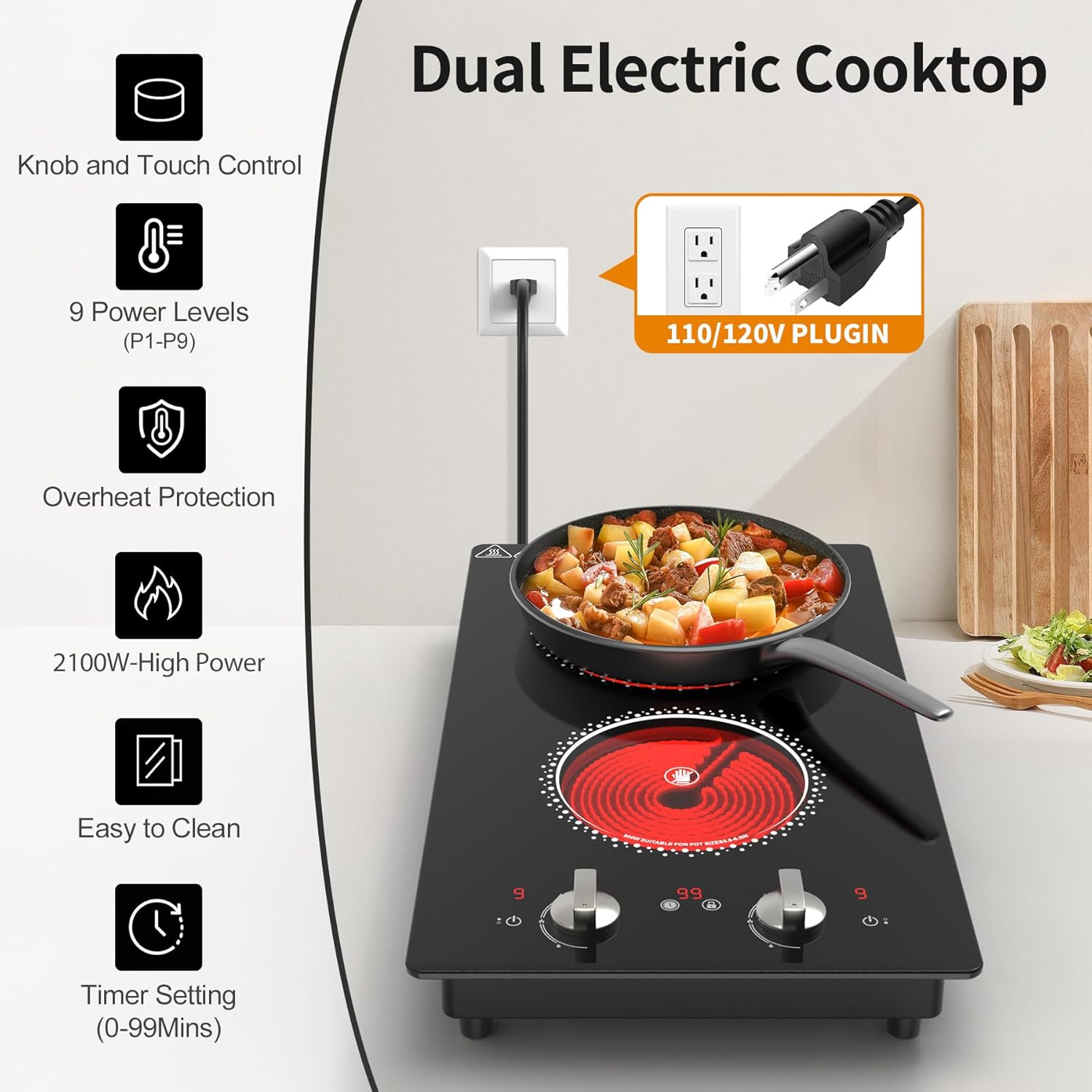 2 Burner Electric Cooktop - 12 Inch Electric Stove Top with Plug, 2100W Countertop Burners & Built-In Stove Top, 9 Levels of Power, Knob Control, Timer & Kid Safety Lock, Residual Heat Warning - Image 3