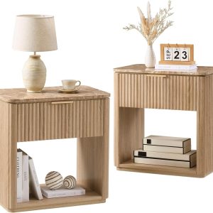Fluted Nightstand Set of 2, Bedside Table with Faux Marble-Top, Engineered Wood Side Table with Drawer Open Shelf, Curved Corners, Modern Night Stand for Bedroom, Small Spaces, Natural Oak
