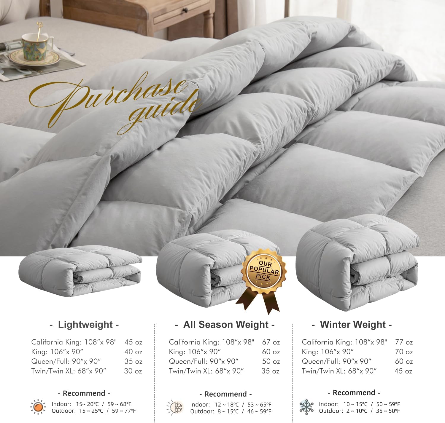 Royoliving Premium Feathers Down Comforter 100% Cotton Cover Duvet Insert with Corner Tabs (Grey, Queen All Season) - Image 5