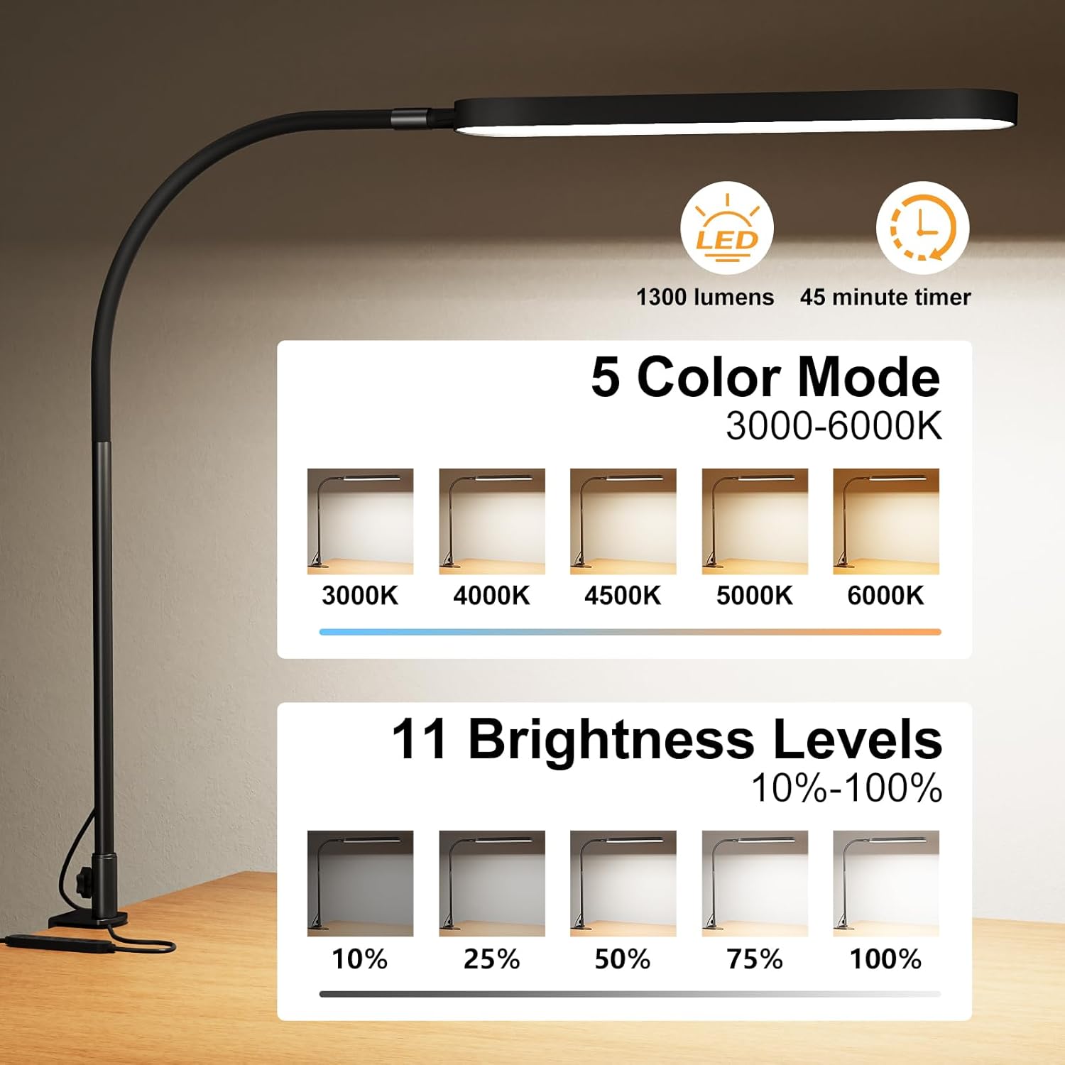 SKYLEO Led Desk Lamp - Desk Light for 33.5" Tall - Flexible Gooseneck - 5 Color Modes X 11 Brightness Levels - 1300LM - Timmer & Memory Function - 12W Clip on Light - Black - Image 2