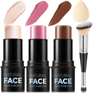 3Pcs Cream Contour Stick Makeup Kit, Shades with Highlighter, Blush and Bronzer Contour Stick for Sculpt the Cheeks, Long Lasting, Waterproof, Matte & Dewy Finish LIGHT MEDIUM(2+5+6)