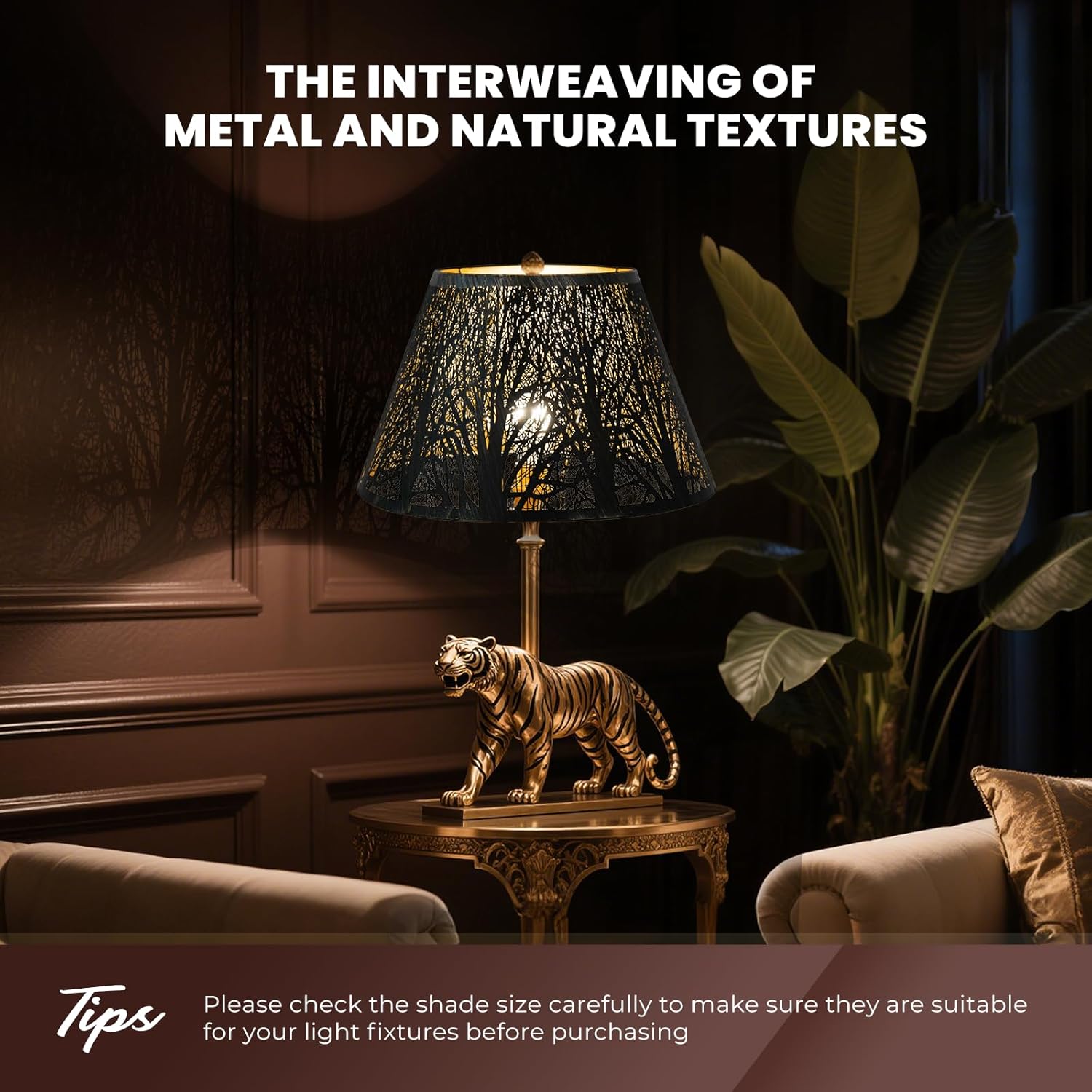 Metal Lamp Shade, ALUCSET Barrel Lampshade with Pattern of Trees Lampshades for Table Lamp, Metal Lamp Shades 7" Top x 13" Bottom x 7.8" High Spider Fitter, Bronze Gold - Image 3