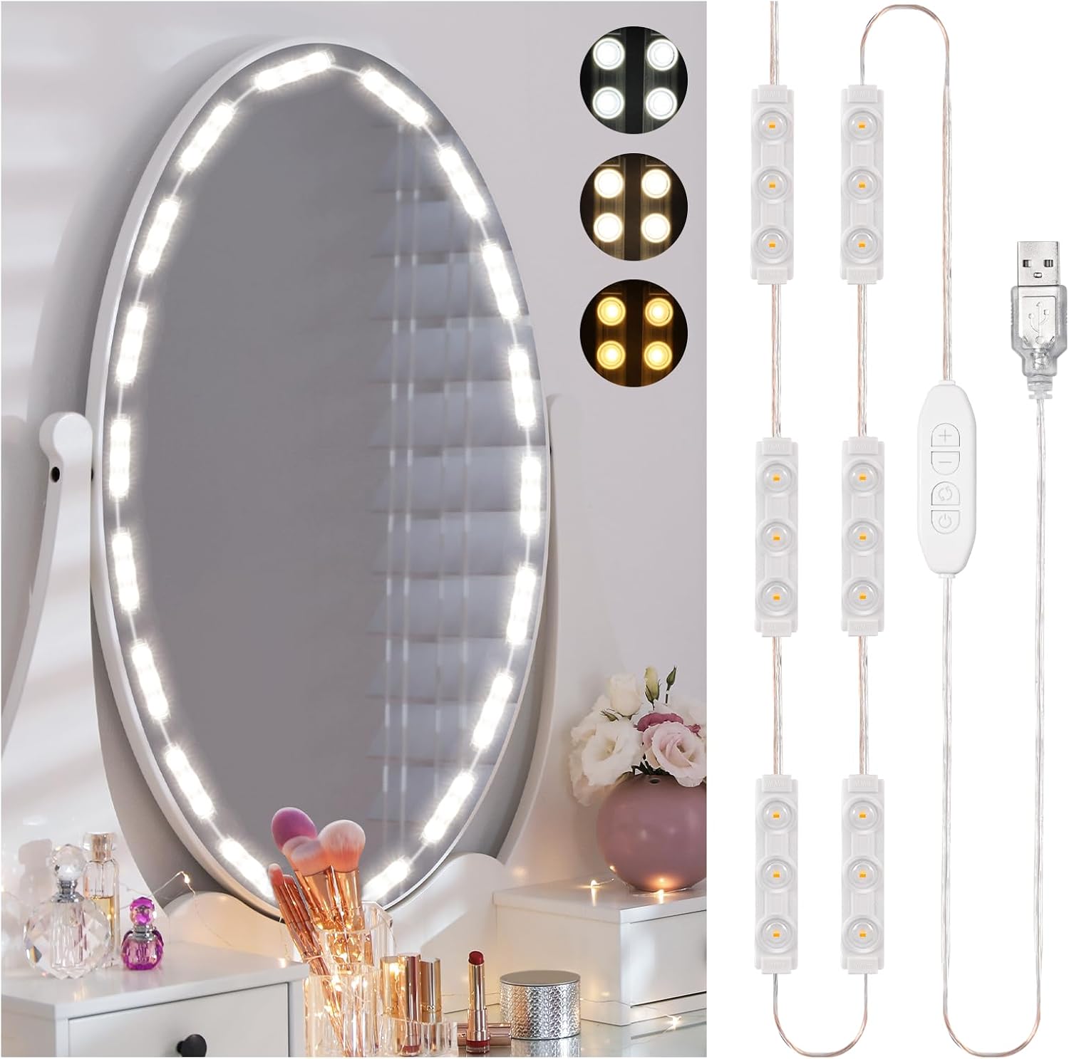 Consciot LED Vanity Lights for Mirror, Hollywood Style Strip, Adjustable Color & Brightness, USB Cable, Dimmable Makeup Stick on Table Dressing Room, White