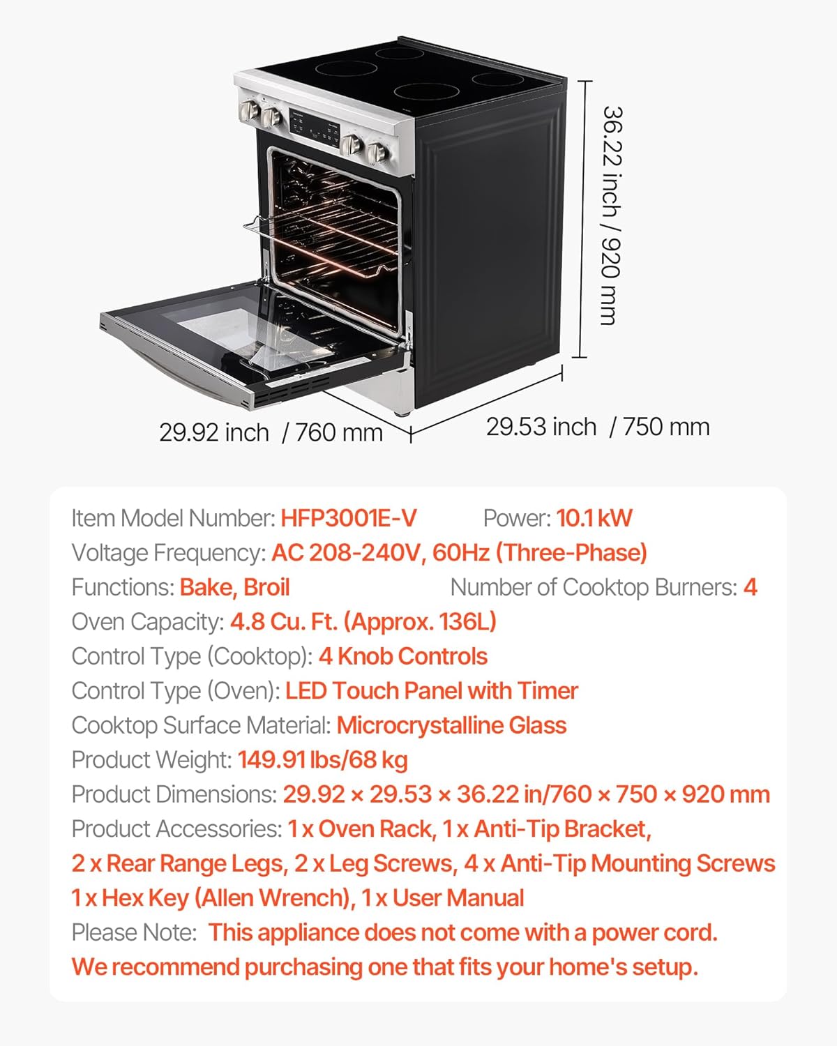 VEVOR 30in Electric Range Oven, 4.8Cu. Ft. Capacity Compact Freestanding Oven, Stainless Steel Kitchen Stove, with 4 Cooktop Burners, Easy Reach Racks, Storage Drawer, Indicator Light(No Power Cord) - Image 7