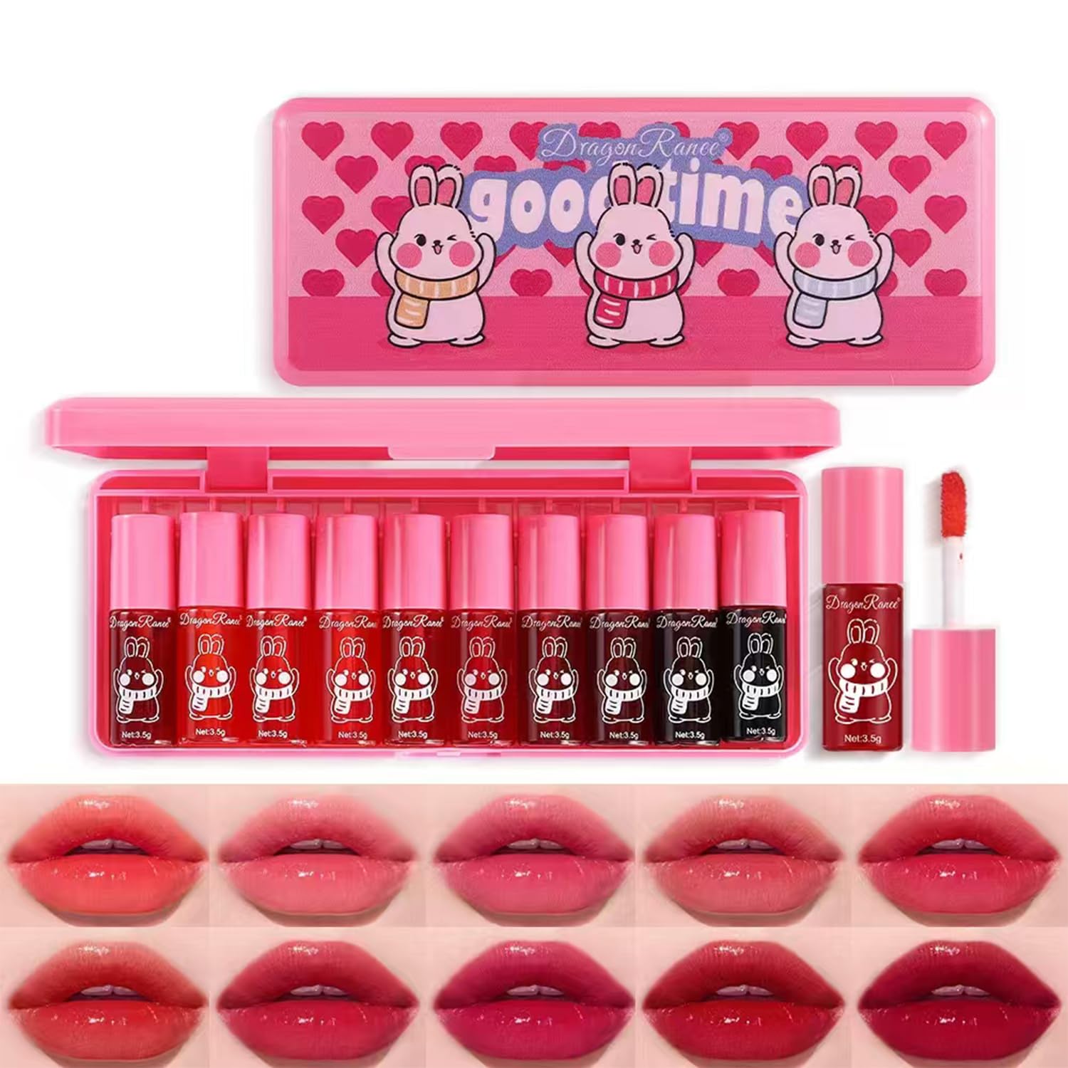 Eakroo 10 Colors Lip Tint Stain Set, Korean Lip Gloss Watery Lip Stain Moisturizing Mini Liquid Lipstick Set, Blush for Cheeks, Lipstick for Women, Non-Stick Cup, Long-Lasting, Vivid Color (Set B)