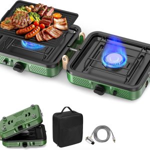 2 Burner Camping Stove, 20000 BTU Propane Camp Stove Portable Folding Gas Stove Camping Essentials Gears Includes Grill,Carrying Bag, Adjustable Burners & Piezo Ignition for Tailgating,BBQ,Camp