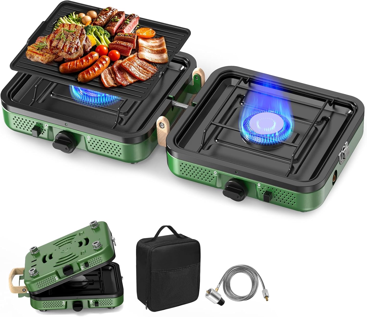 2 Burner Camping Stove, 20000 BTU Propane Camp Stove Portable Folding Gas Stove Camping Essentials Gears Includes Grill,Carrying Bag, Adjustable Burners & Piezo Ignition for Tailgating,BBQ,Camp