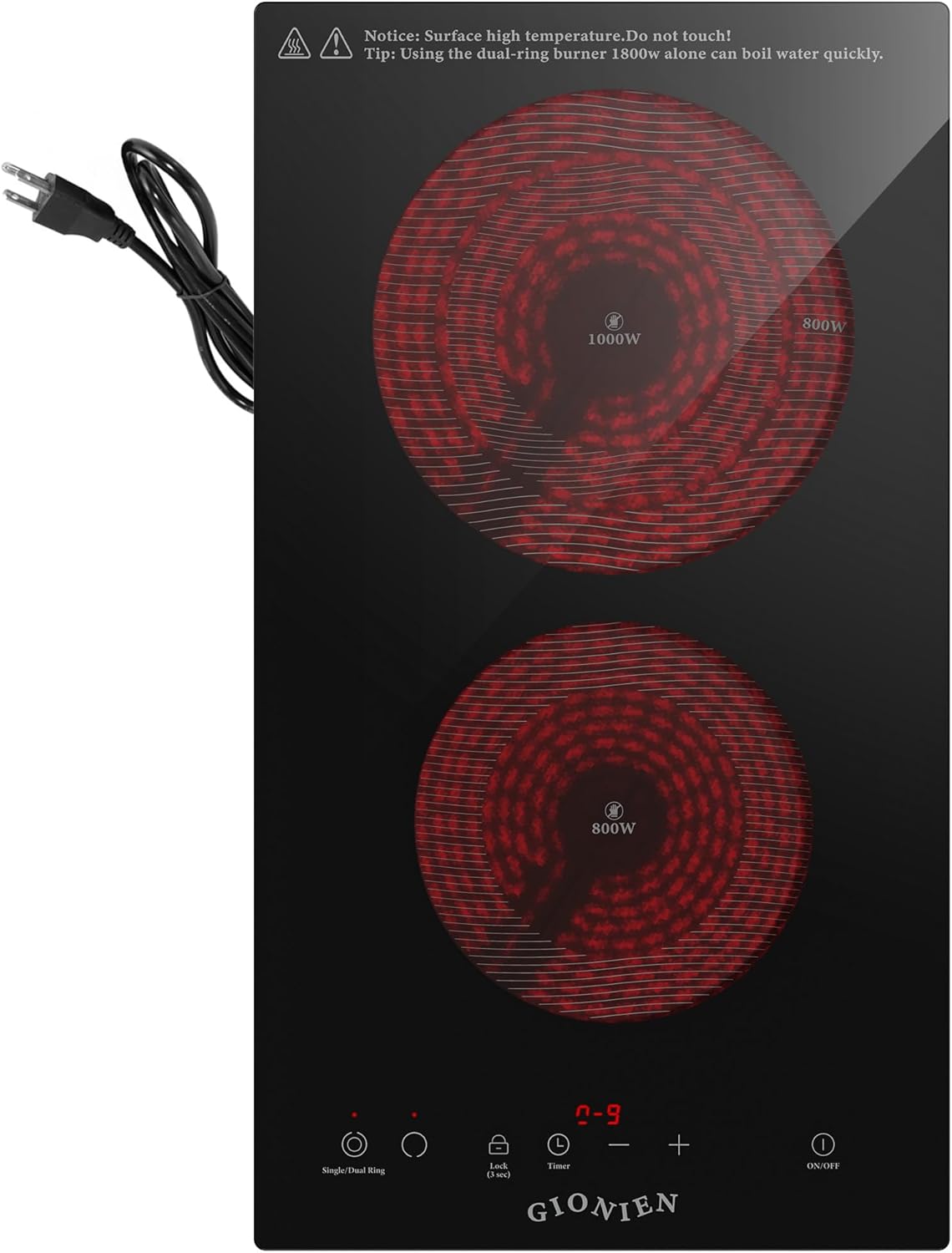 Electric Cooktop 2 Burners 110V~120V, 12” Plug in Electric Stove Top,Countertop or Built-in,Ceramic Glass,Sensor Touch Control,Timer,9 Power Levels,Portable,1800W