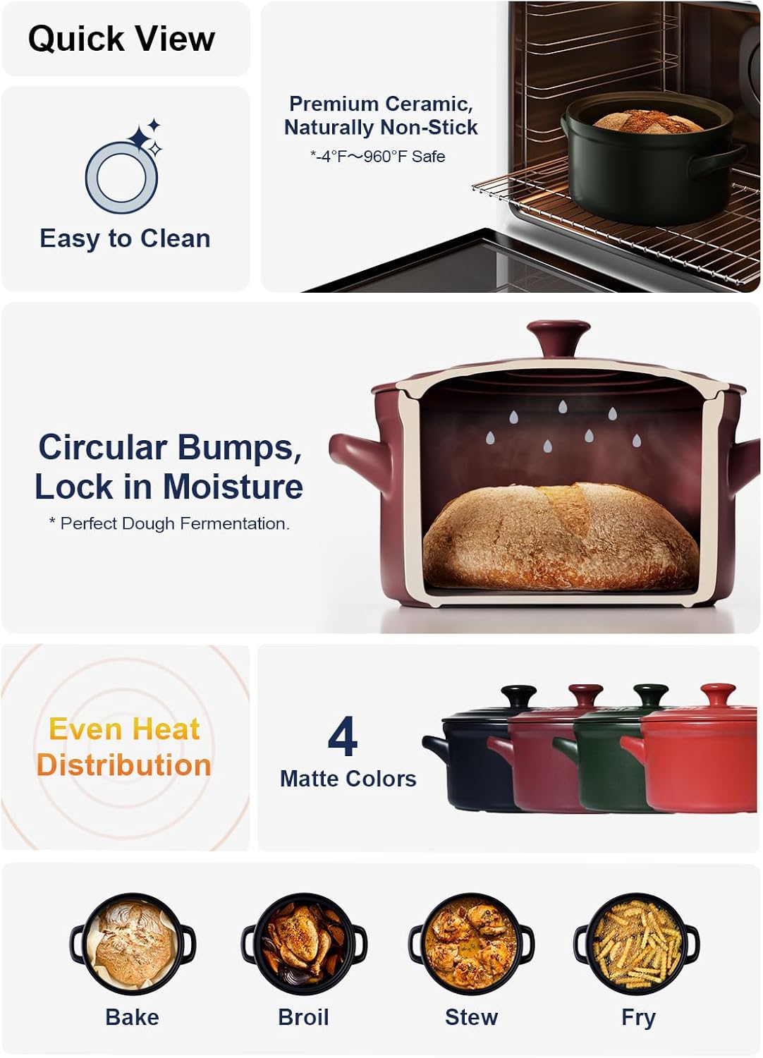 LE TAUCI 3 Quart Ceramic Dutch Oven - Lightweight, Non-Toxic, No Seasoning Needed- Oven, Microwave & Dishwasher Safe, Dutch Oven Pot with Lid for Sourdough, Soup & Stew, Midnight Blue - Image 8